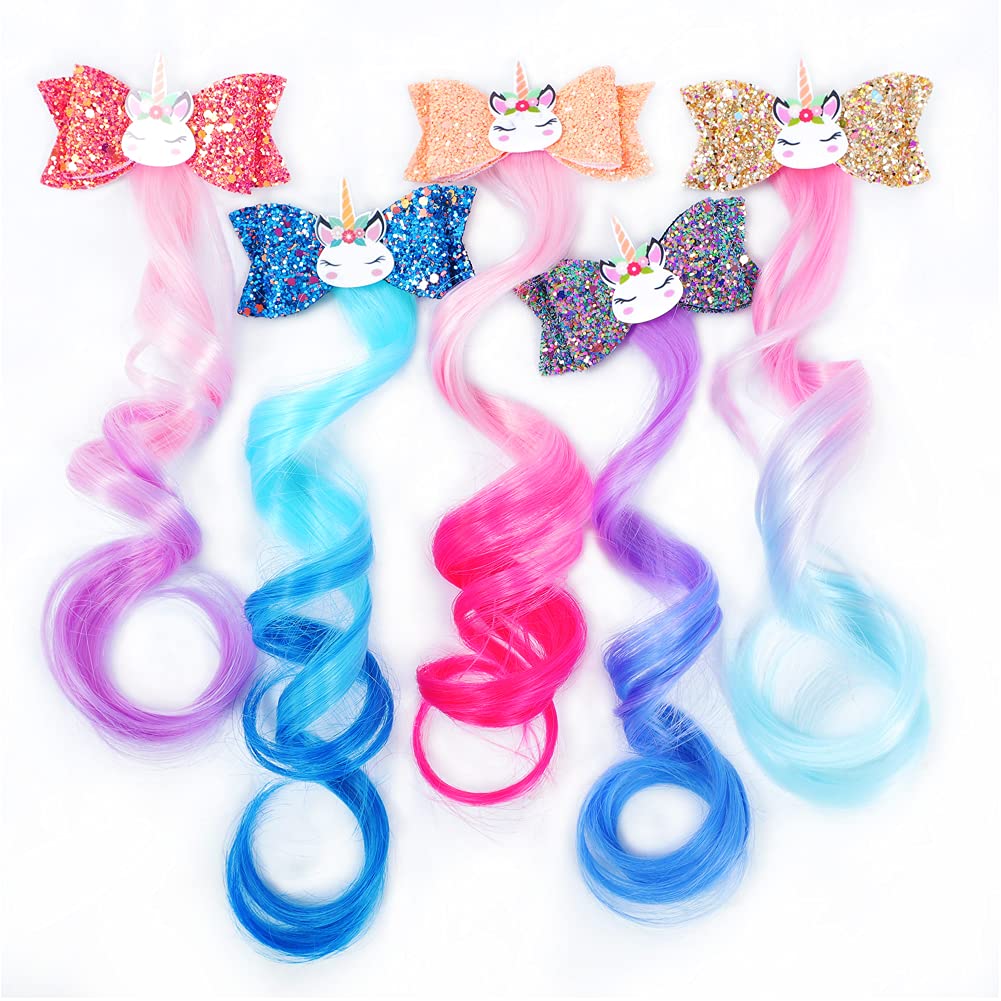 Unicorn Hair Clips for Girls | Glitter Braided Hair Extensions & Gradient Hair Bows | Perfect for Dress Up, Birthday Parties & School Accessories