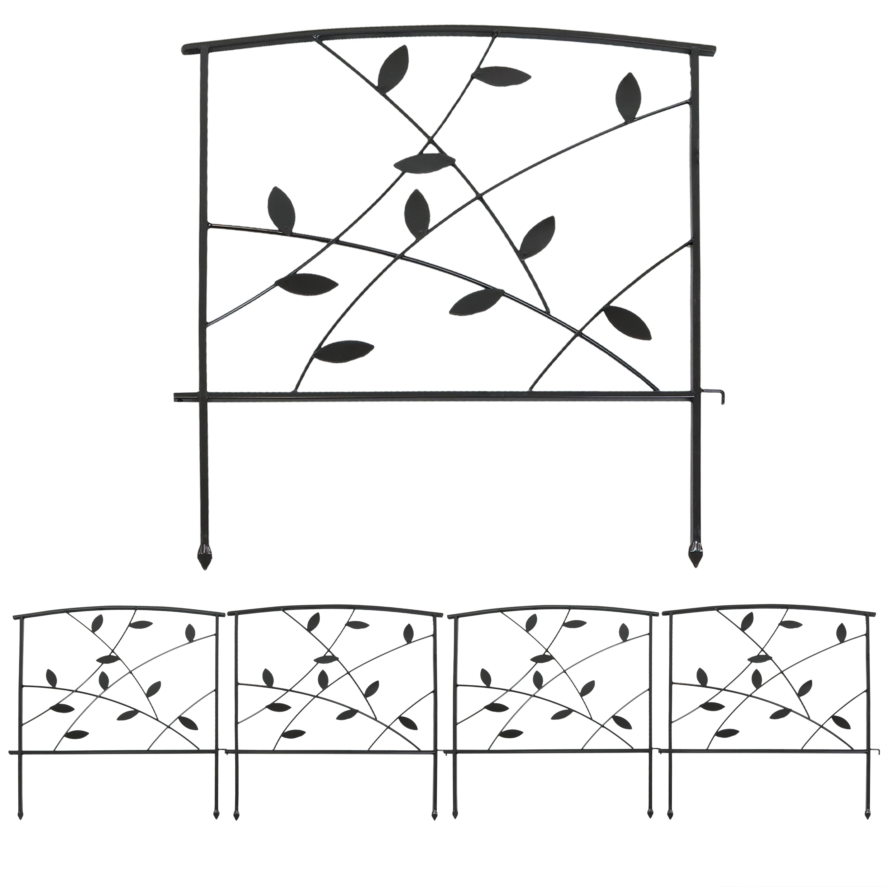 Modern 5-Piece Metal Garden Fence Panels with Leaf Design - 10' Overall Length - Perfect for Backyard Landscaping, Flower Beds & Property Borders