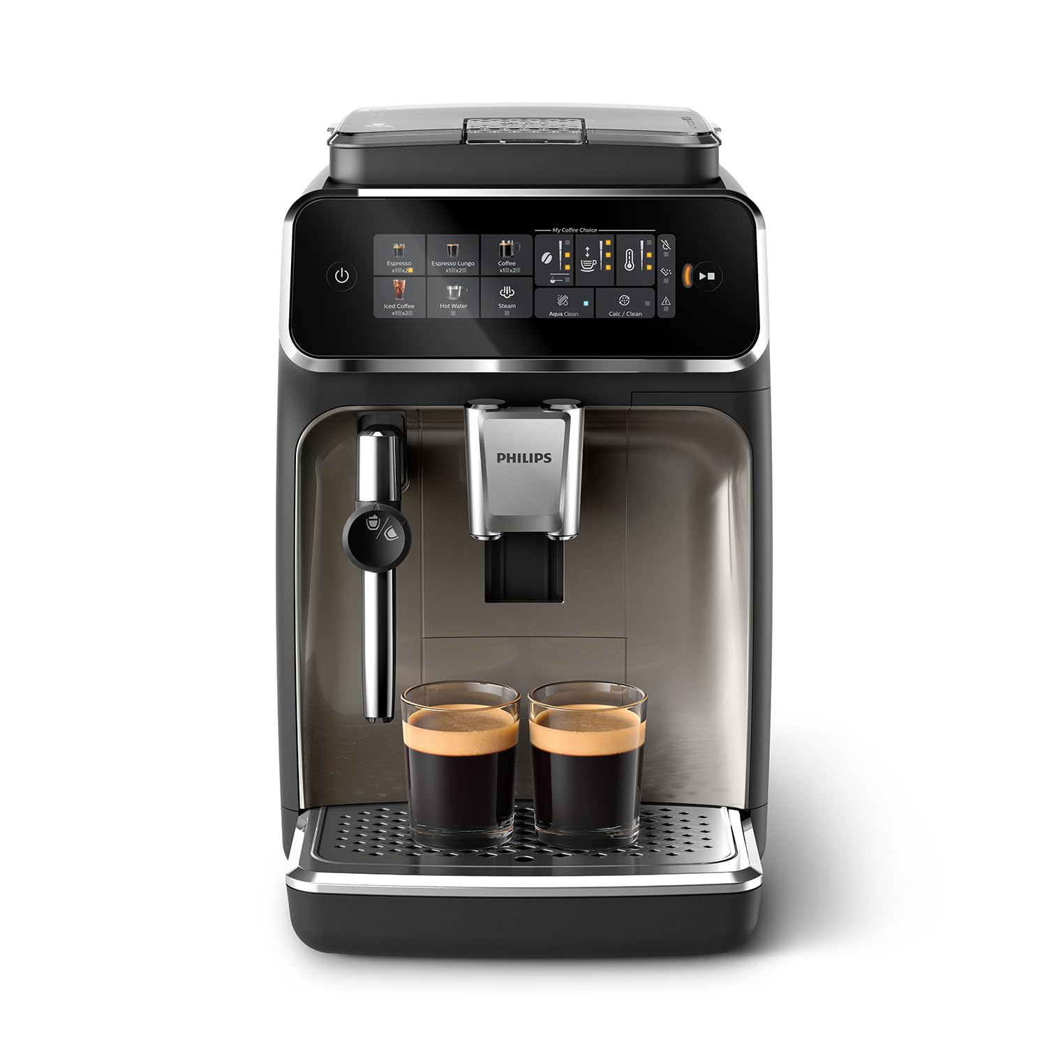PHILIPS 3300 Series Fully Automatic Espresso Machine with Ceramic Grinder - Make 5 Hot & Iced Coffee Drinks, 40% Quieter SilentBrew Technology, Aquaclean Water Filter, Black Chrome (EP3326/90) - Perfect for Home, Office and Coffee Shop Use