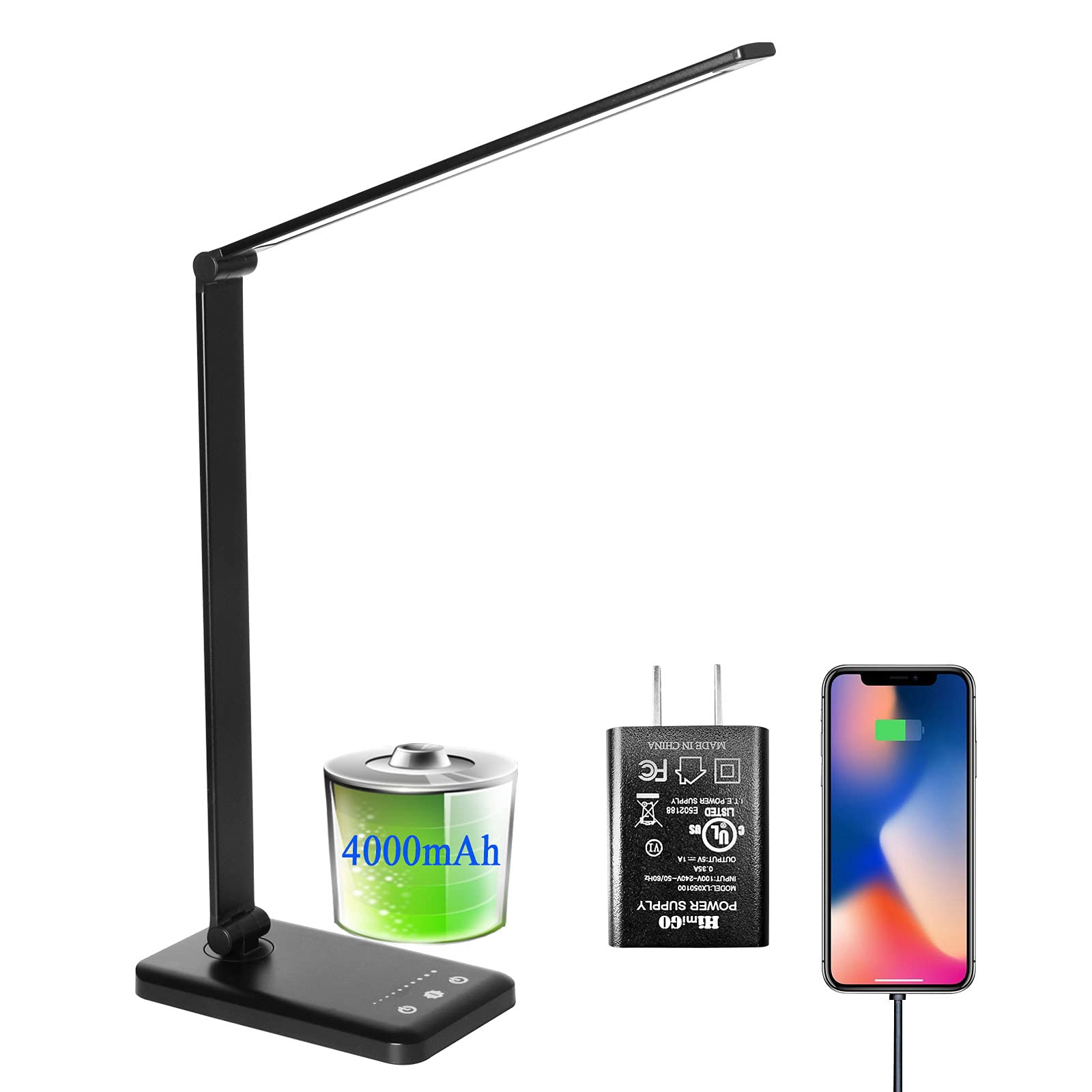 LED Desk Lamp with USB Charging - Eye-Caring Stepless Dimmable Office Table Lamp, 4000mAh Battery, Foldable Design, Touch Control, 30/60min Timer, 5 Lighting Modes & 5 Brightness Levels - Perfect for Home Office, Study, Reading & Nightstand Use