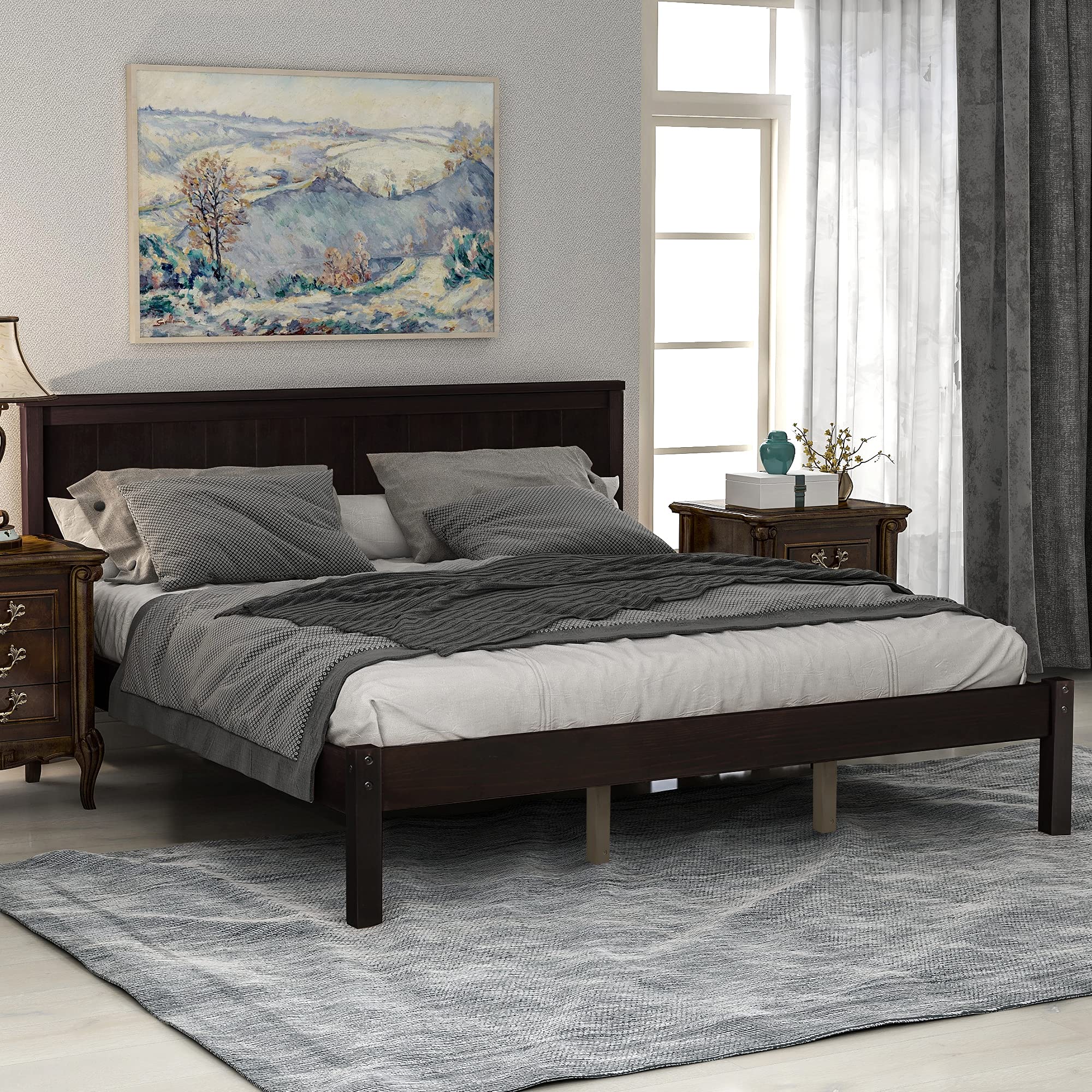 JULYFOX Queen Platform Bed Frame - Heavy Duty 400lb, Espresso Finish for Bedroom