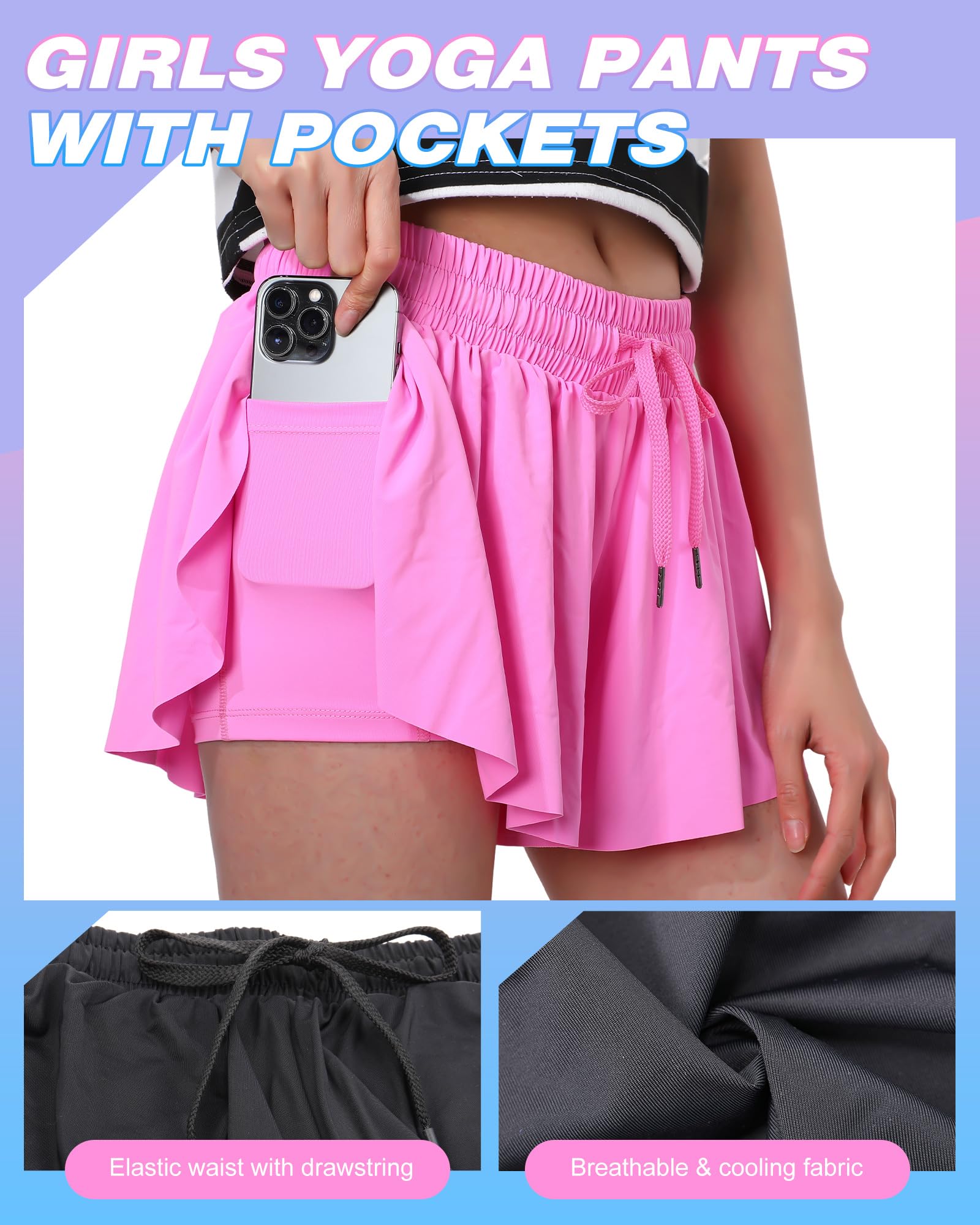 4 Pack Girls 2-in-1 Flowy Running Shorts with Pockets - Teen Kids Butterfly Print Gym Shorts for Women - Summer Workout Yoga Shorts for Running, Fitness & Casual Wear