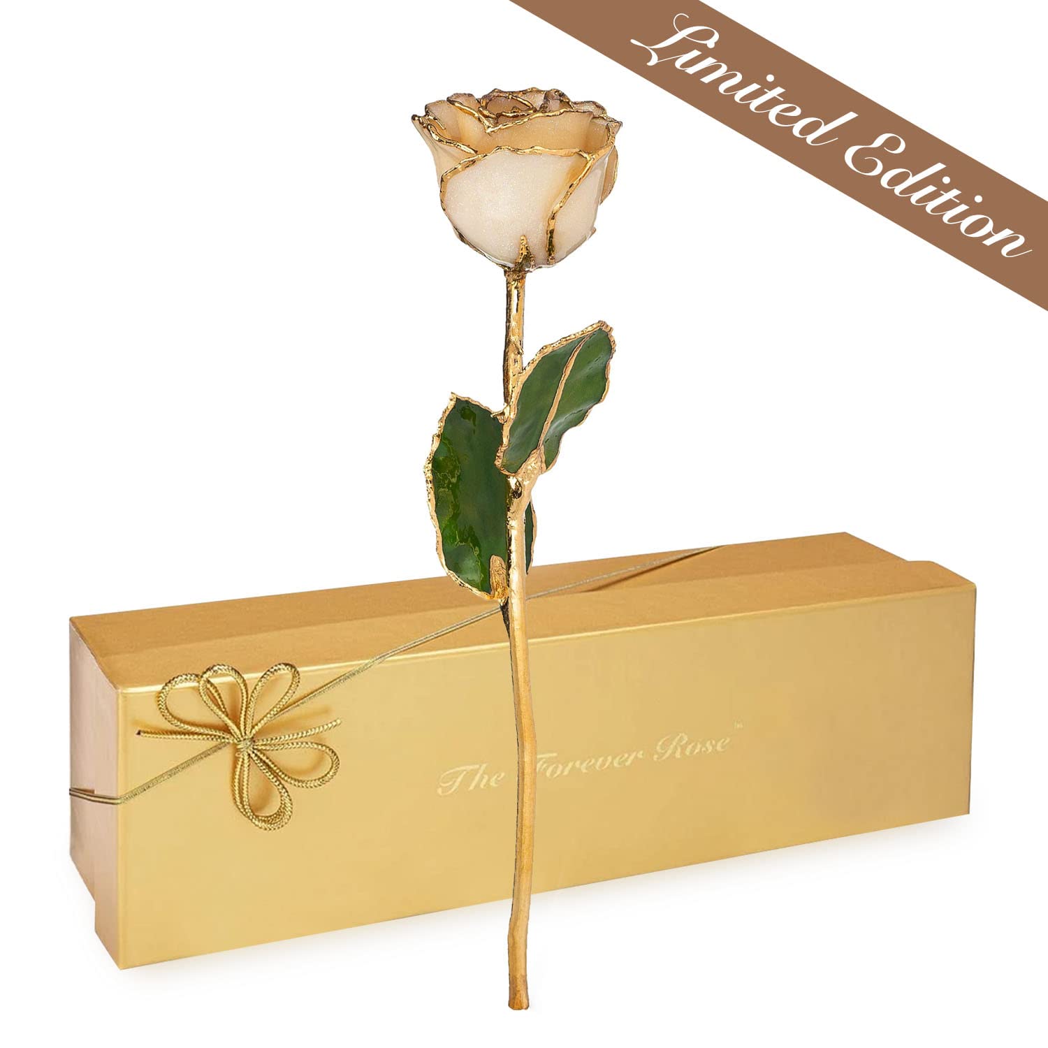 24K Gold Dipped Real White Rose with Diamond - April Birthstone Gift, 11-12
