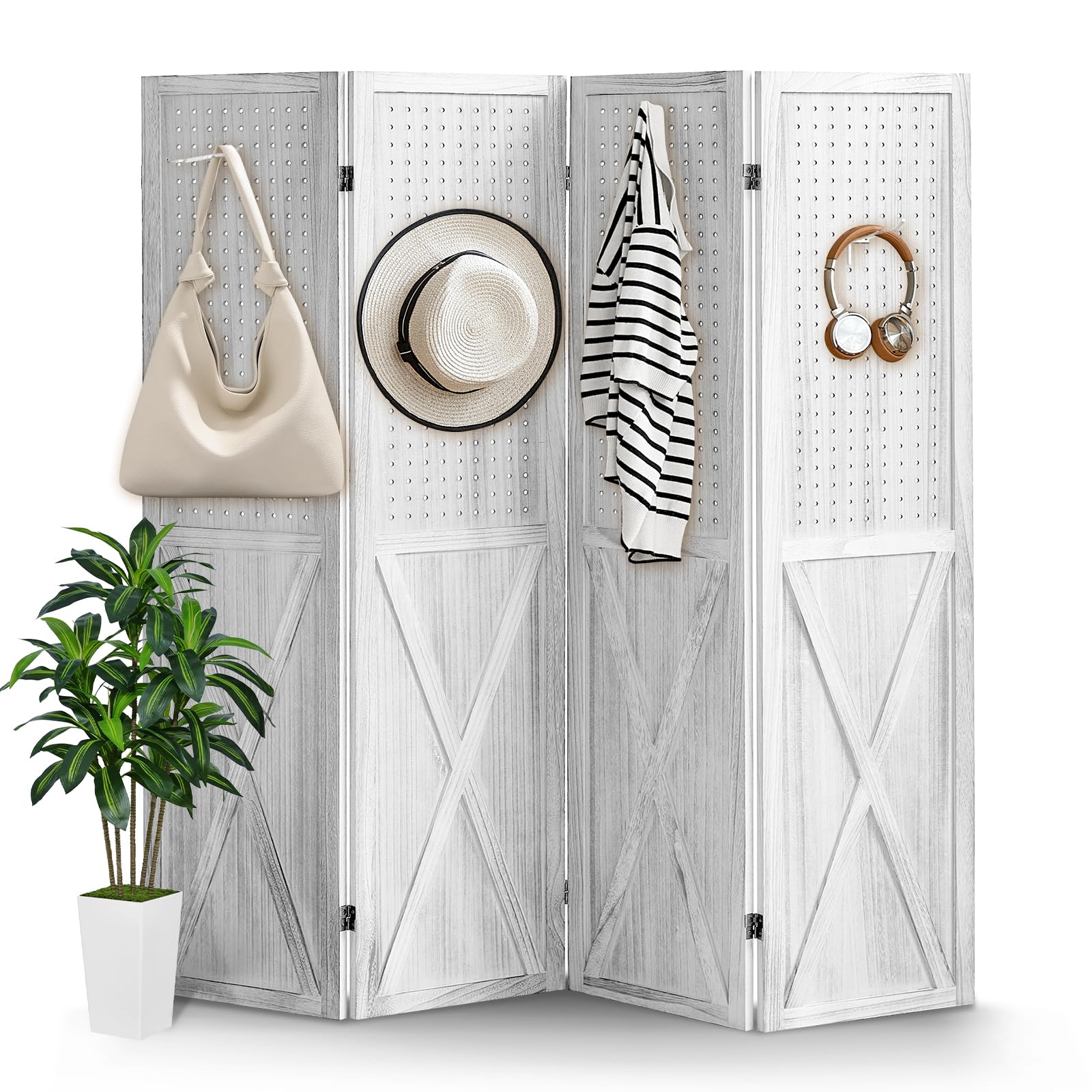 4 Panel Pegboard Room Divider - 5.6Ft Wooden Folding Privacy Screen & Display Organizer for Art, Jewelry, Craft Shows - Perfect for Home Office, Retail Displays, and Event Booths (White)