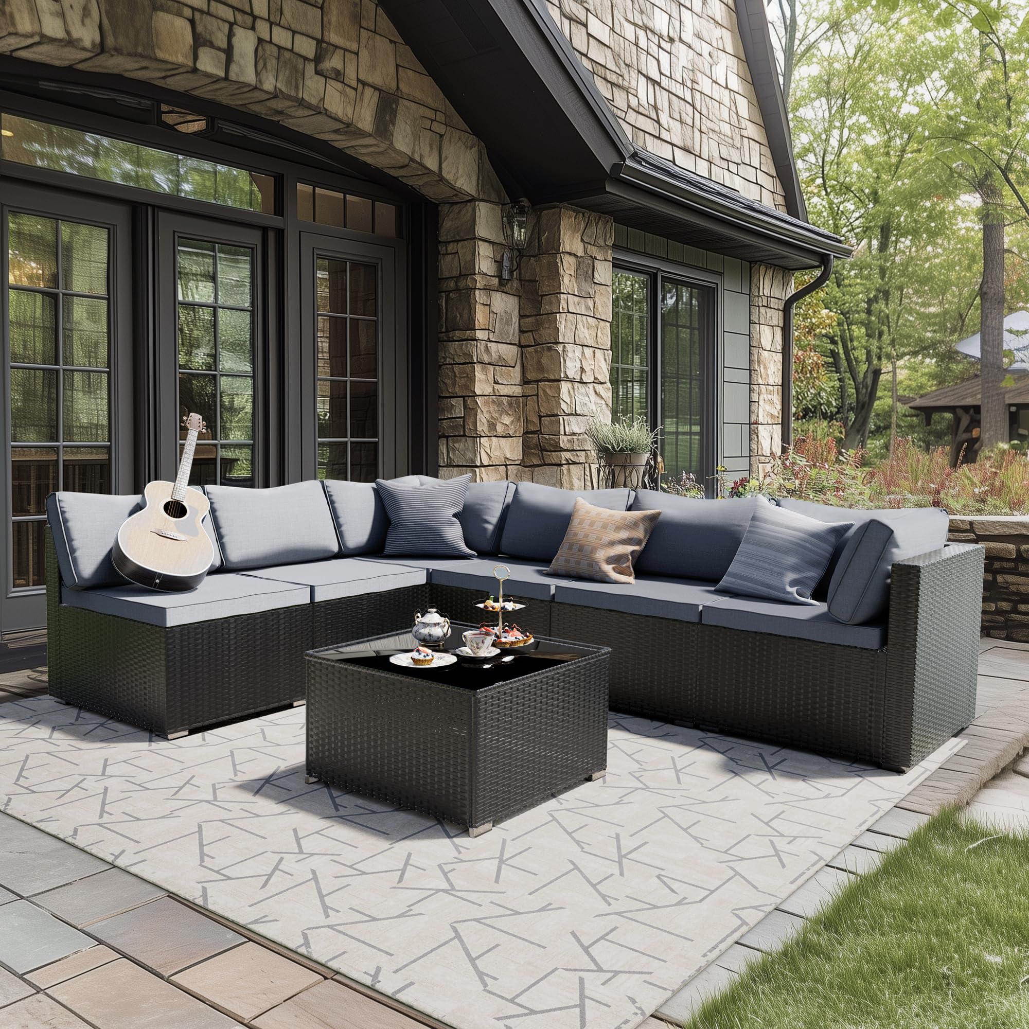 7-Piece Patio Furniture Set Outdoor Sectional Wicker Rattan Sofa with Cushions & Glass Table - Modular Conversation Set for Porch, Poolside, Backyard, Garden & Outdoor Living Spaces