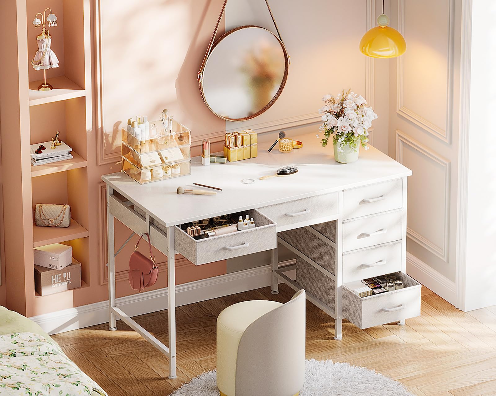 ODK 40 Inch Computer Desk with 6 Storage Drawers, Reversible Small Office Desk with Headphone Hook - White Study Table for Home Office, Bedroom & Small Spaces - Perfect for Remote Work, Gaming & Online Learning