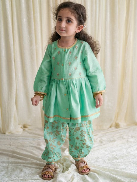 Girls Combo Angrakha Set with Bow Hairclip - Gold Print Green Ethnic Outfit for Festivals, Parties & Special Occasions