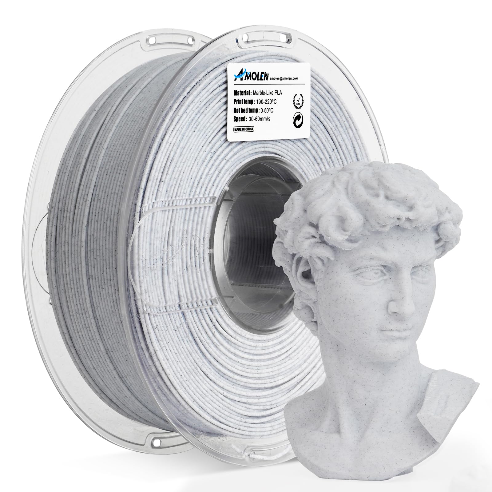 AMOLEN PLA 3D Printer Filament - 1.75mm Marble White Stone PLA Filament (1KG/2.2lb) for Home Decor, DIY Projects & 3D Printing - Perfect for Vases, Figurines & Decorative Items