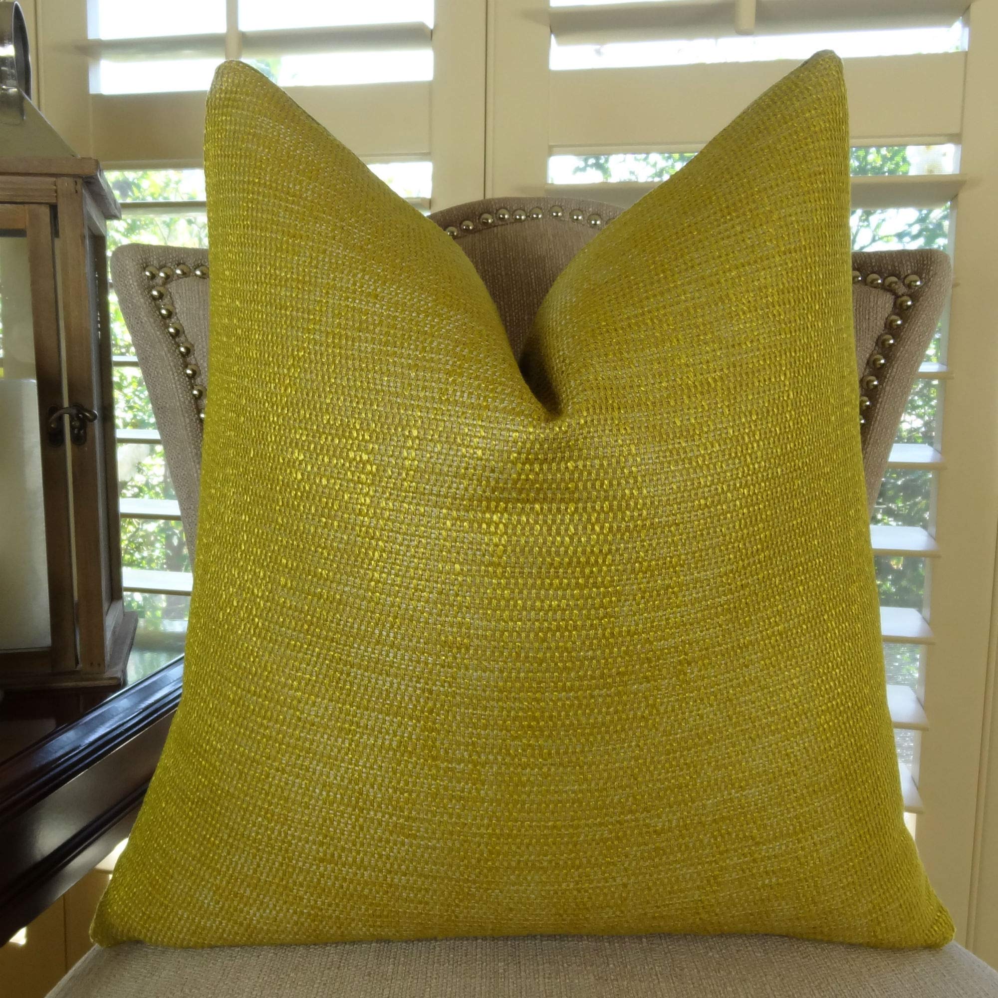 Plutus Lemon Curry Handmade Throw Pillow 24x24 Inch - Metallic Citrine & Gold Decorative Cushion for Sofa, Bed, Living Room Home Decor