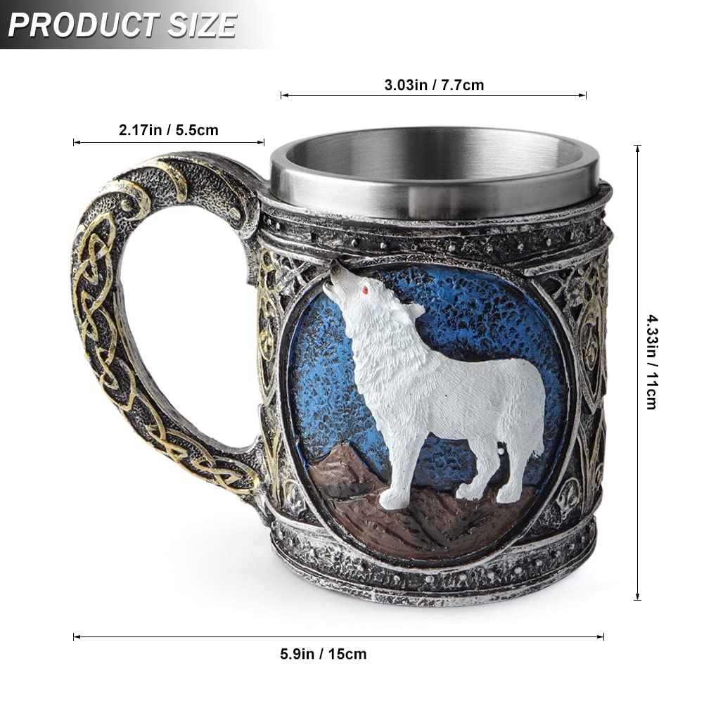 Stainless Steel Wolf Mug with Resin 3D Design - Insulated Travel Coffee Cup for Tea, Beer & Wine - Perfect for Camping, Office & Gifts (White Wolf)