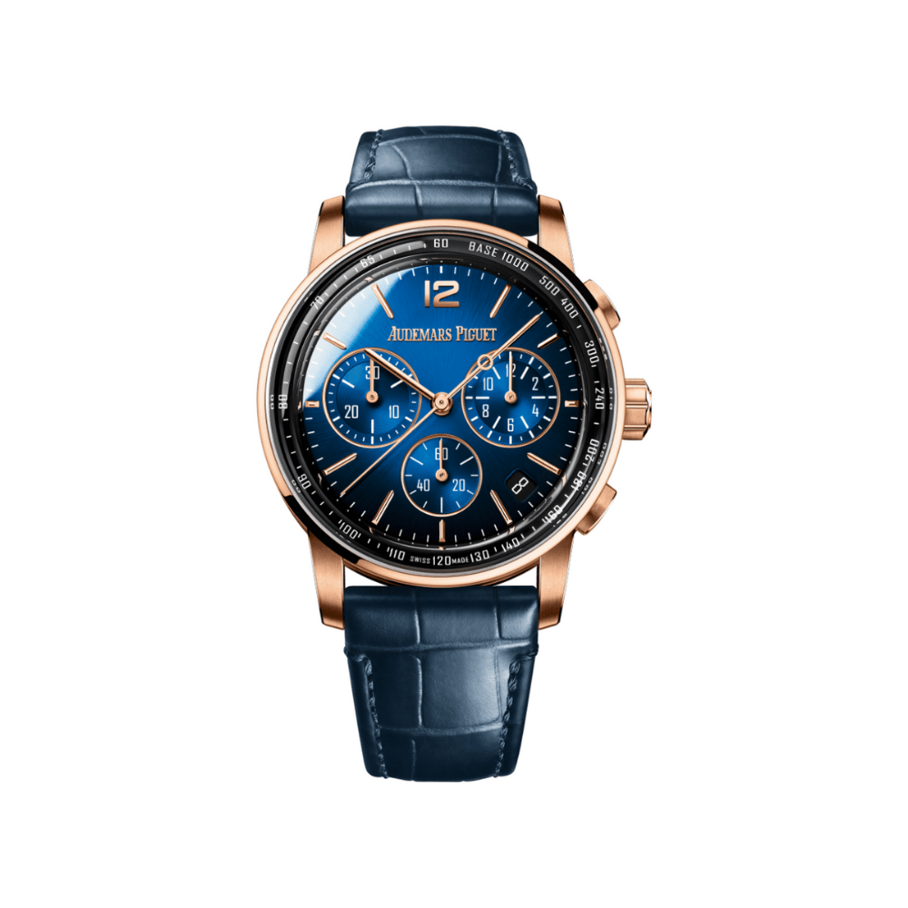 Audemars Piguet Code 11.59 Selfwinding Chronograph 26393OR.OO.A028CR.01 - 18K Rose Gold Watch with Lacquered Blue Dial - Luxury Dress Watch for Business & Formal Occasions