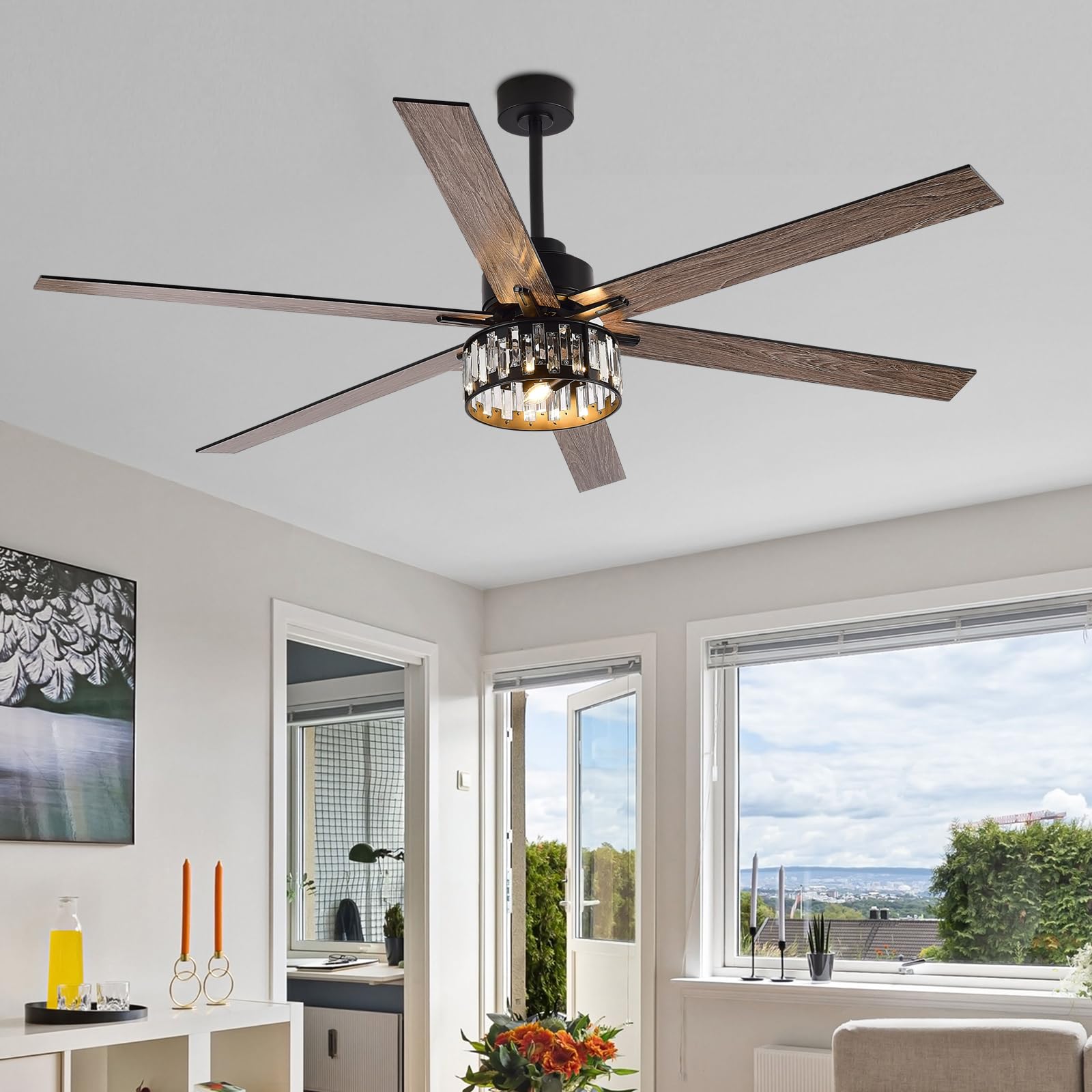 72 Inch Black Ceiling Fan with Lights and Remote Control - Modern DC Motor 6 Speed Settings, 6 Wood Blades, Crystal Light Kit - Large Indoor/Outdoor Fan for Patio, Living Room, Bedroom, Office - Energy Efficient Cooling & Stylish Lighting Solution