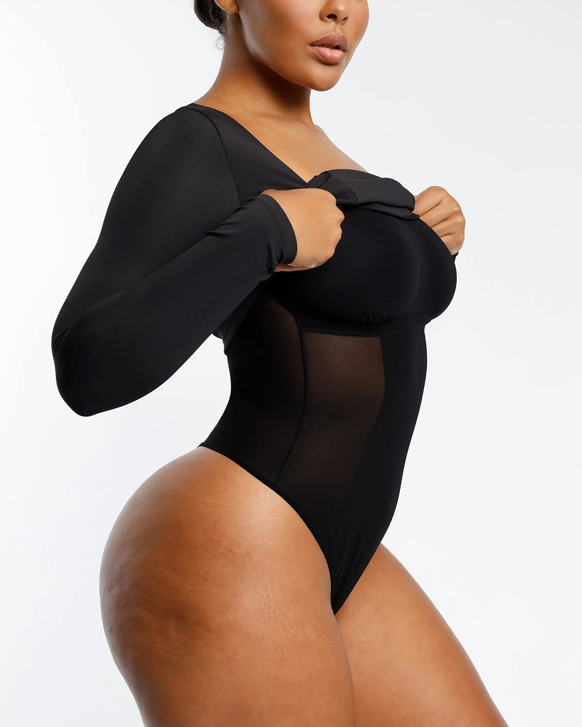 2-in-1 Built-in Shapewear Scoop Neck Long Sleeve Sculpting Top for Women | Slimming Tummy Control Bodysuit for Everyday Wear & Layering