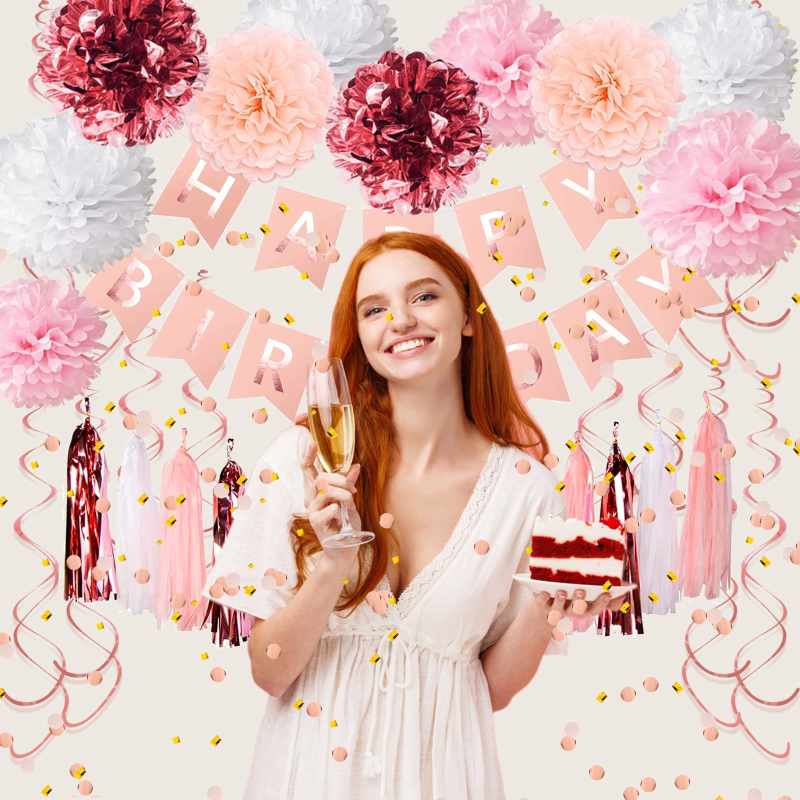 Elegant Rose Gold Birthday Decorations for Women - Happy Birthday Banner, Tissue Paper Pompoms, Hanging Swirls, Confetti & Tassels | Perfect for Women's Birthday Parties, Bridal Showers & Baby Showers
