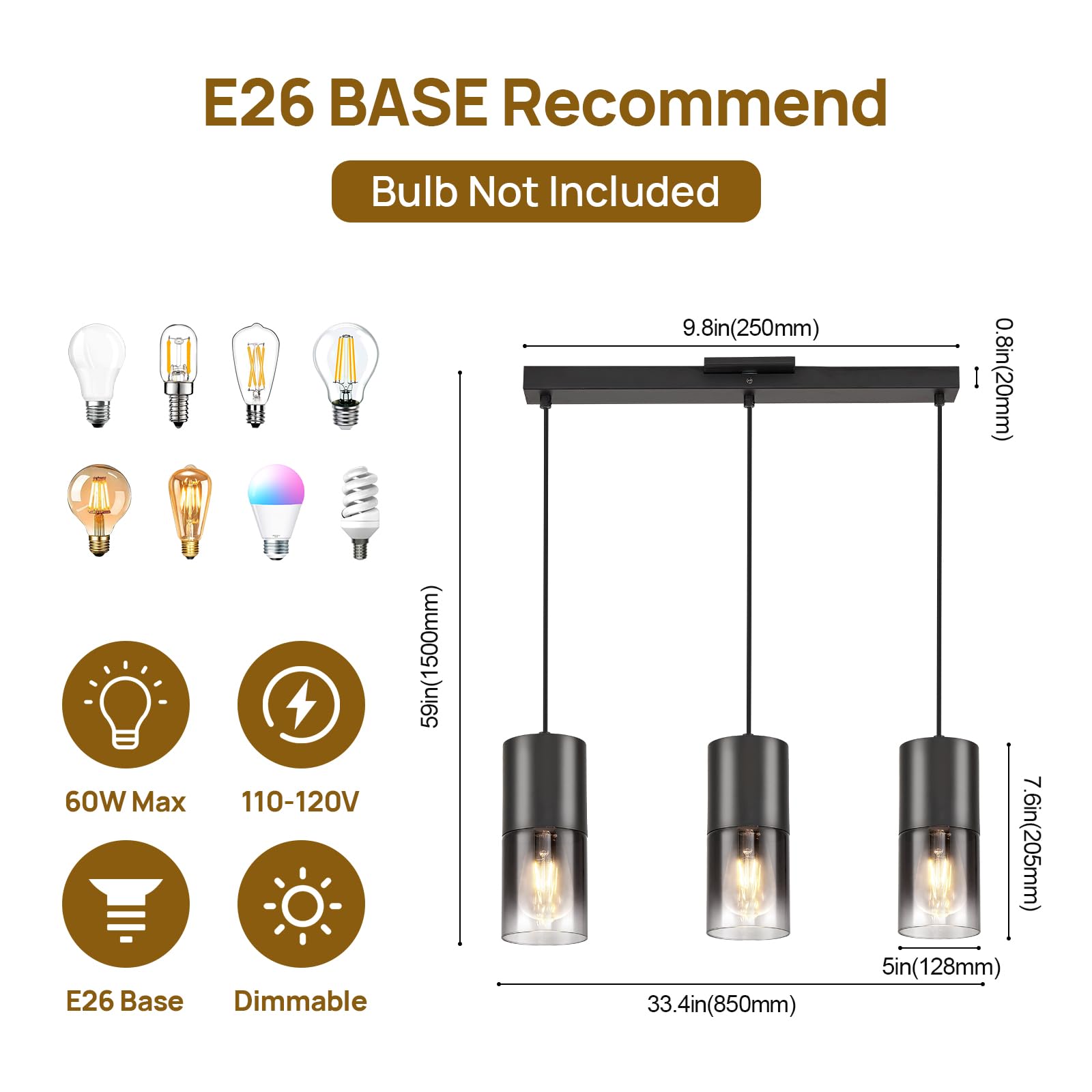 Industrial Black Glass Pendant Light - Farmhouse Kitchen Island Chandelier with 3 E26 Bulbs & 59