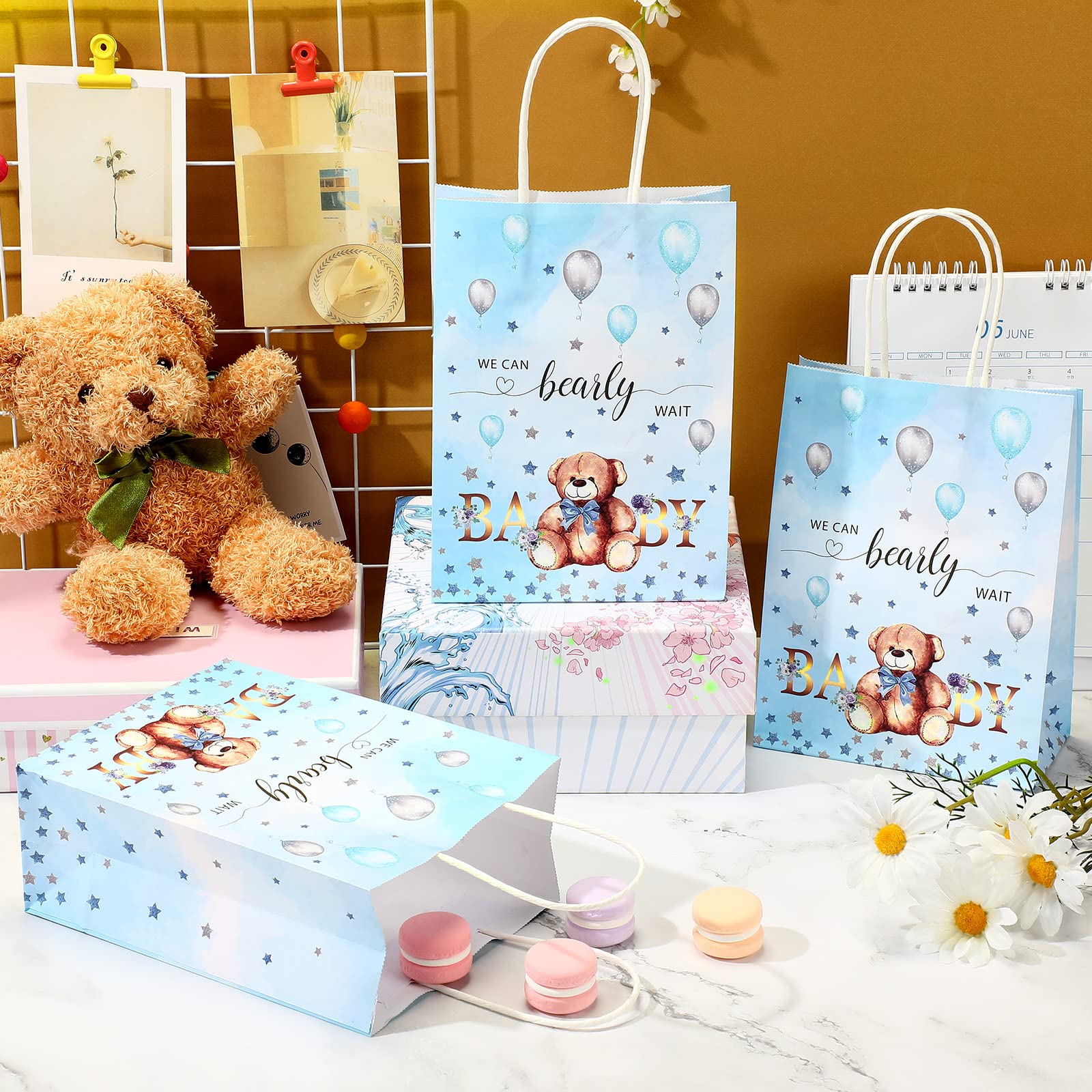 16 Pack Bear-Themed Baby Shower Gift Bags with Handles - Cute We Can Bearly Wait Paper Party Favor Bags for Kids Birthday & Baby Shower Supplies - Perfect for Goodie Bags, Party Decorations and Baby Celebration Favors