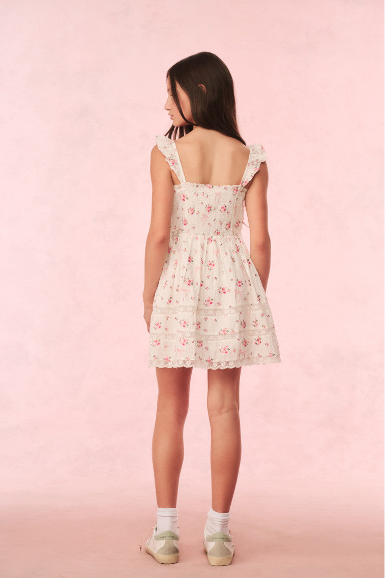 Laurier Girls' Cotton Rose & Bow Dress - Elegant Floral Print Party Dress for Kids, Birthday, Easter & Special Occasions