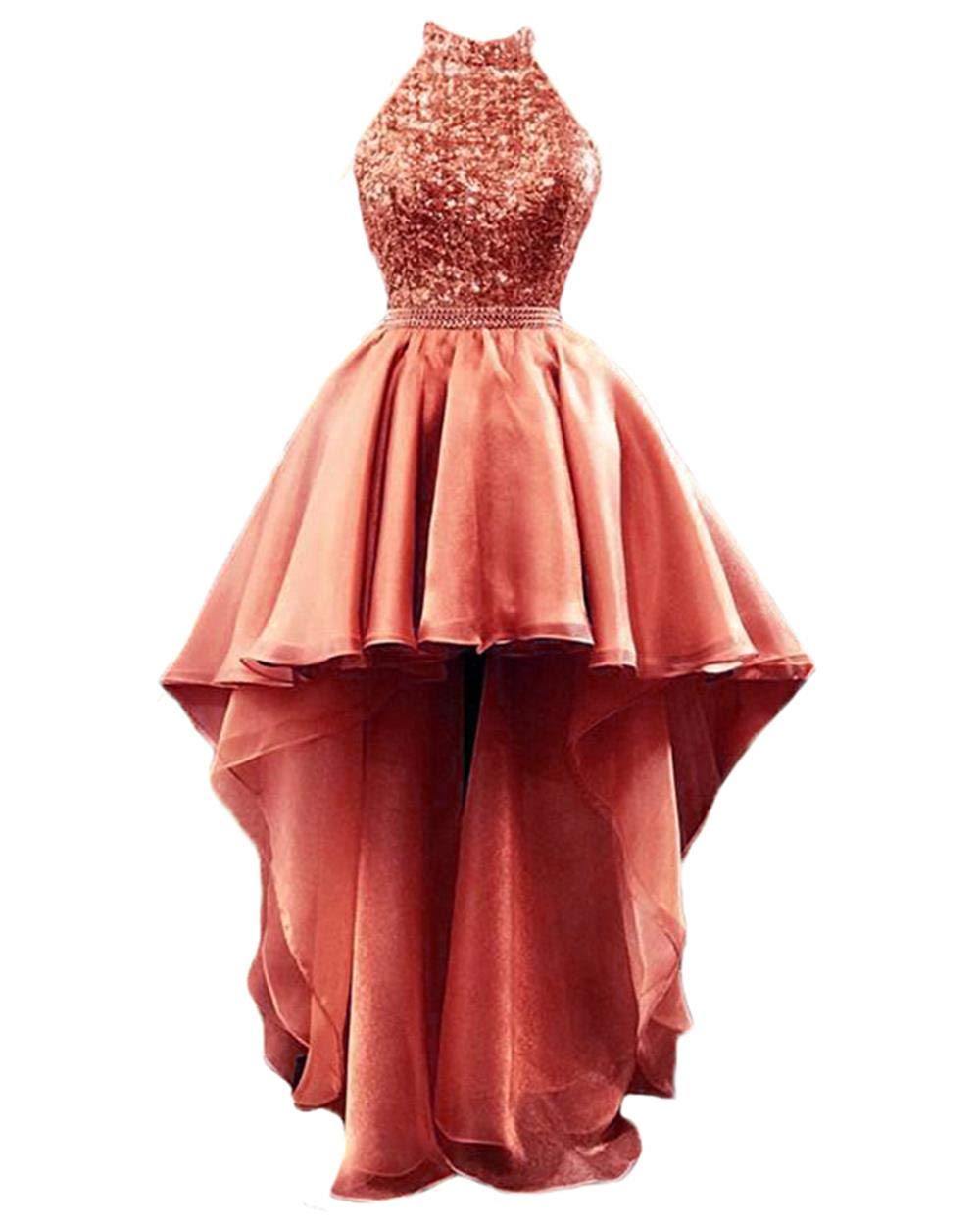 Elegant Women's Halter Prom Dresses with High-Low Hem & Sequined Details - Backless Homecoming Party Gown for Prom Night, Evening Events & Special Occasions