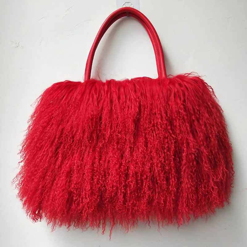 Genuine Mongolia Lamb Fur Handbag for Women - Natural Long Hair Fur Shoulder Bag - Elegant Tote Purse for Casual & Winter Fashion - Perfect for Daily Use, Office, and Special Occasions