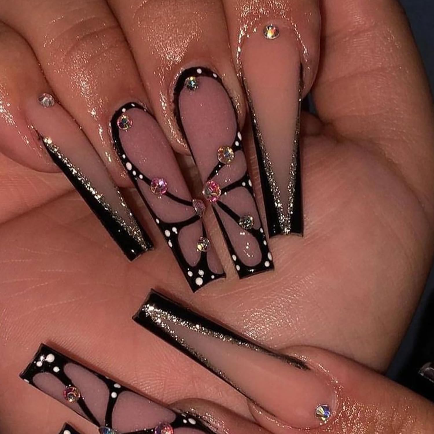 Long Coffin Press on Nails - Black Glossy Full Cover Acrylic False Nails with Rhinestone & Butterfly Designs - Extra Long Square Ballerina Fake Nails with Glue - Stick on Artificial Fingernails for Women - Perfect for Parties, Weddings & Special Occasions