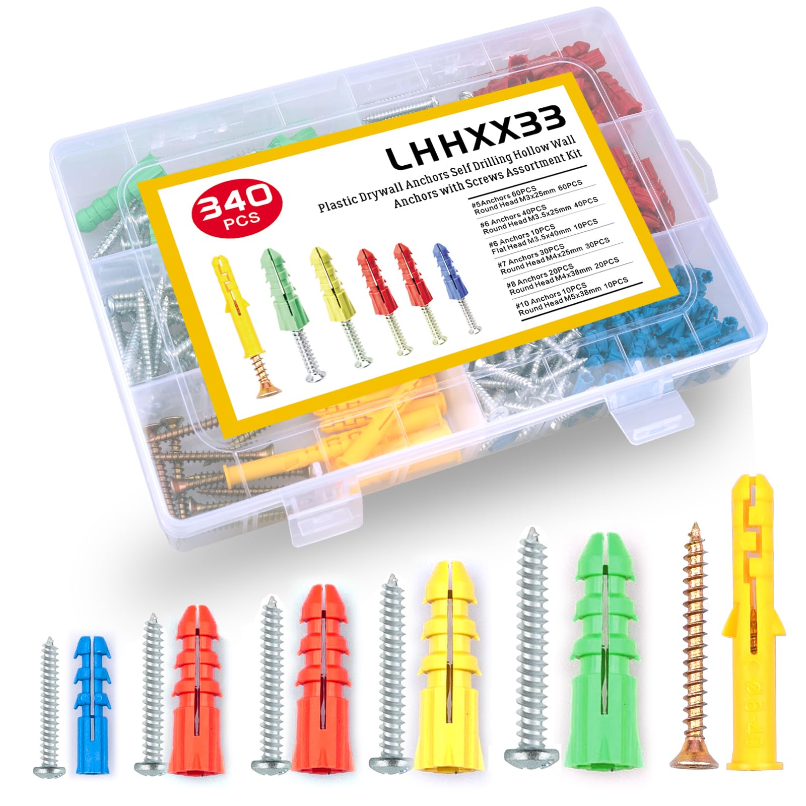 340-Piece Drywall Anchors and Screws Kit with Organizer Box - 170 Plastic Wall Anchors & 170 Screws in Assorted Sizes - Heavy Duty Hollow Wall Anchors for Hanging Pictures, Shelves, Mirrors and Home Decor - Ideal for DIY Projects and Home Improvement