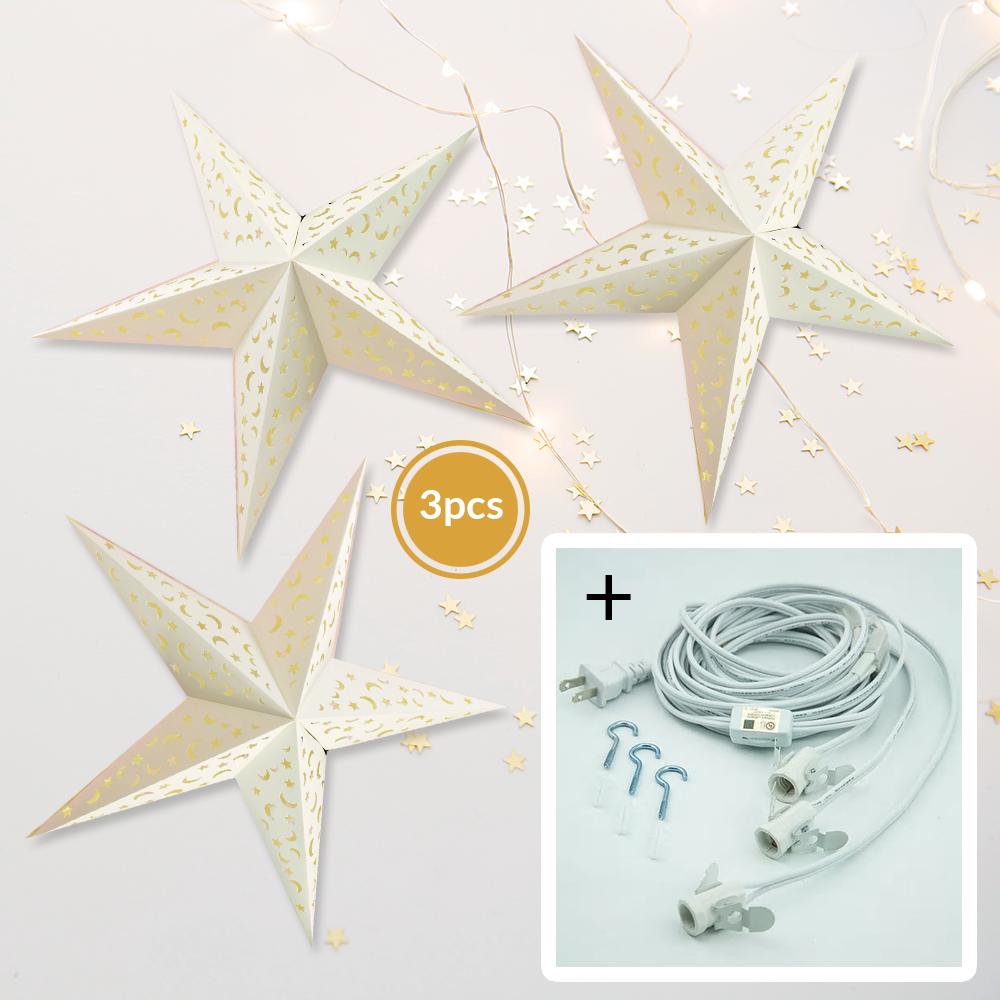 3 Pack White Moon and Stars 24 Inch LED Paper Star Lanterns with Light Cord - Hanging Decorative Lights for Bedroom, Nursery, Party & Outdoor Decor
