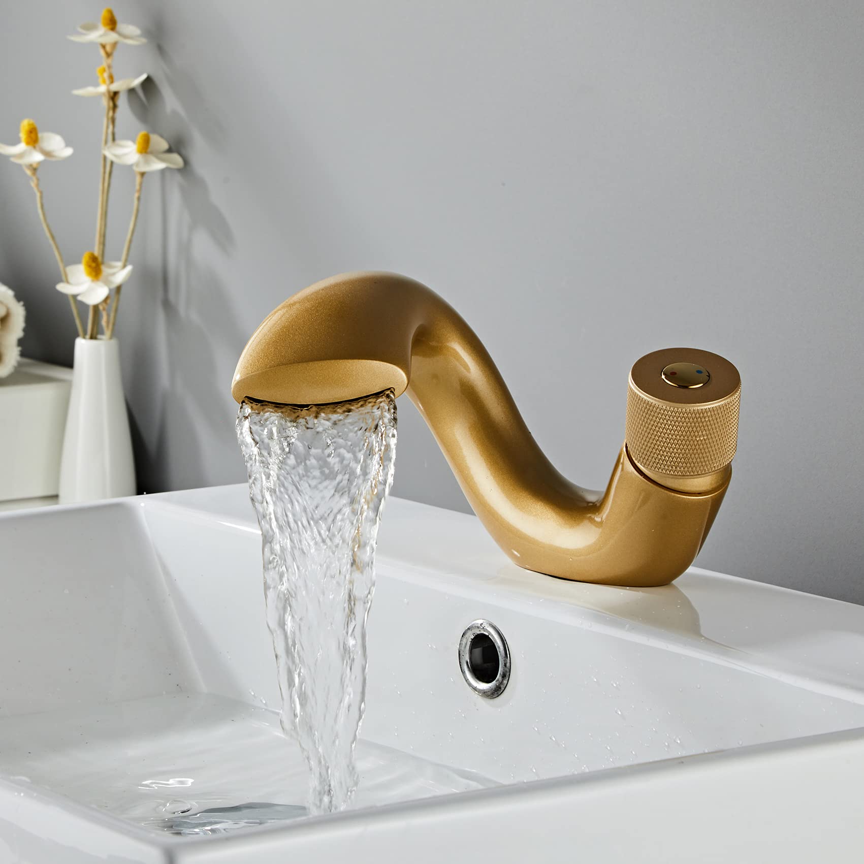 Wovier Matte Gold Waterfall Bathroom Sink Faucet - Single Handle Single Hole Lavatory Faucet with Supply Hose, Slanted Body Basin Mixer Tap for Commercial & Home Use - Perfect for Modern Bathrooms, Restaurants, and Hotels