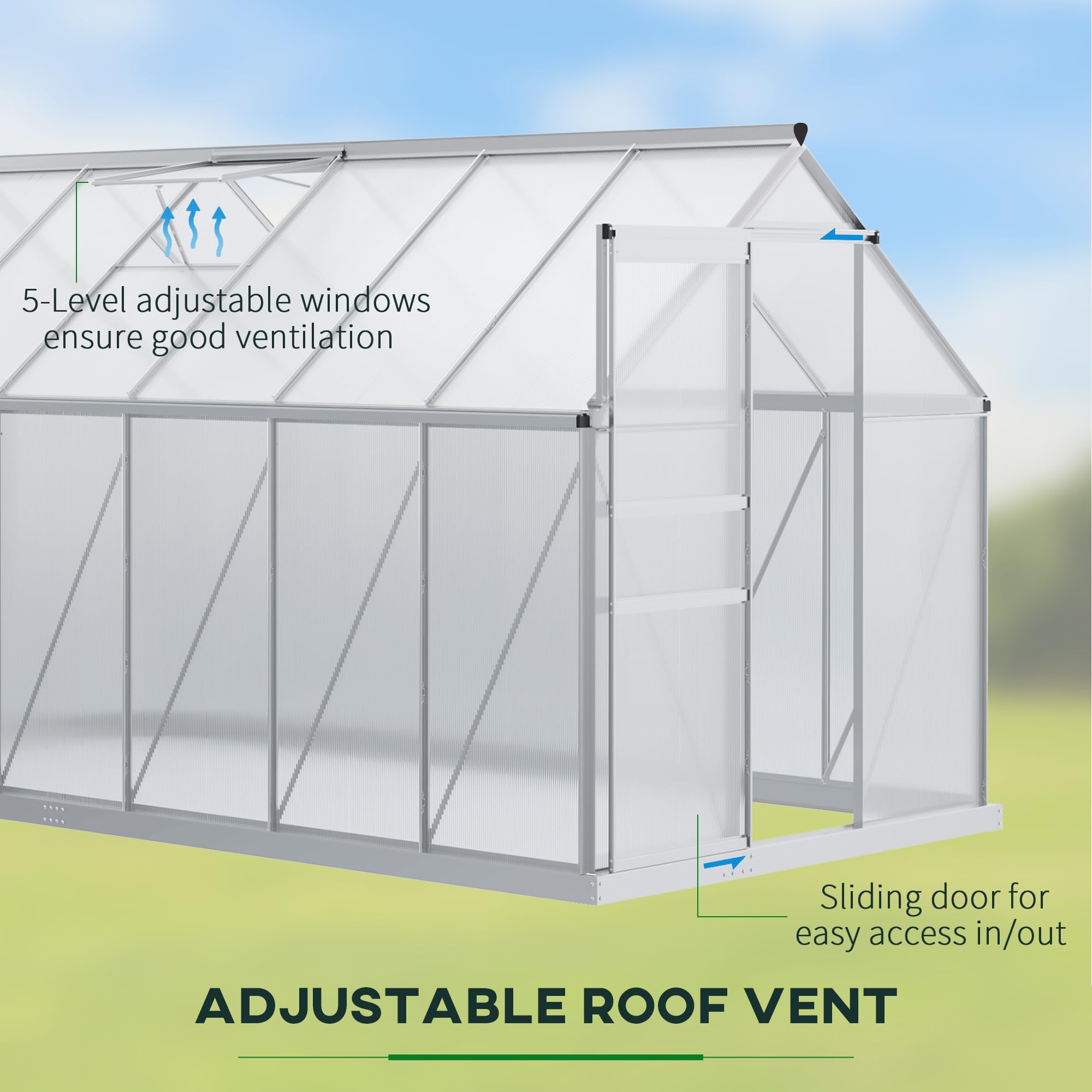 Outsunny 12' x 6' x 6.5' Polycarbonate Walk-in Greenhouse with Aluminum Frame - Heavy Duty Adjustable Roof Vent, Rain Gutter & Sliding Door - Winter Gardening, Plant Protection & Backyard Growing Solution