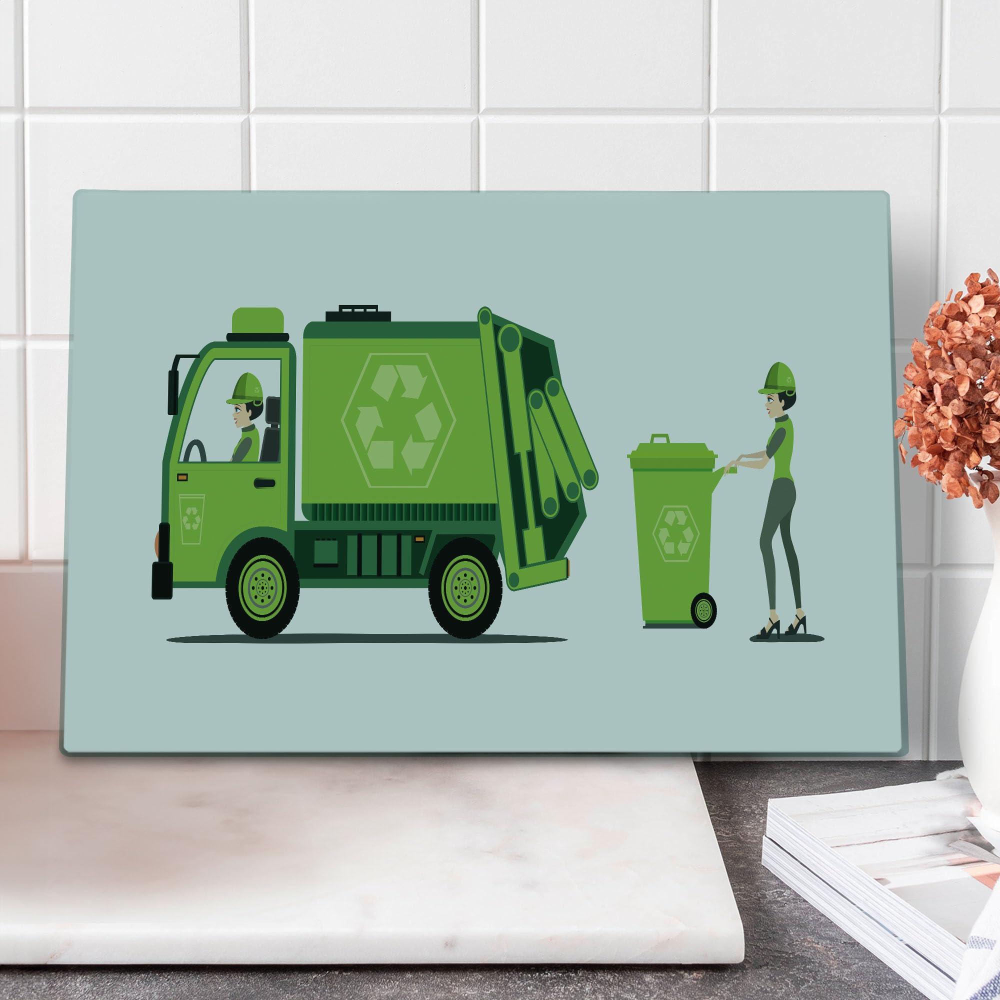 Ambesonne Garbage Truck Themed Tempered Glass Cutting Board - Large Recyclable Cartoon Design in Apple Green & White - Perfect for Kitchen Prep, Serving, and Eco-Friendly Home Decor