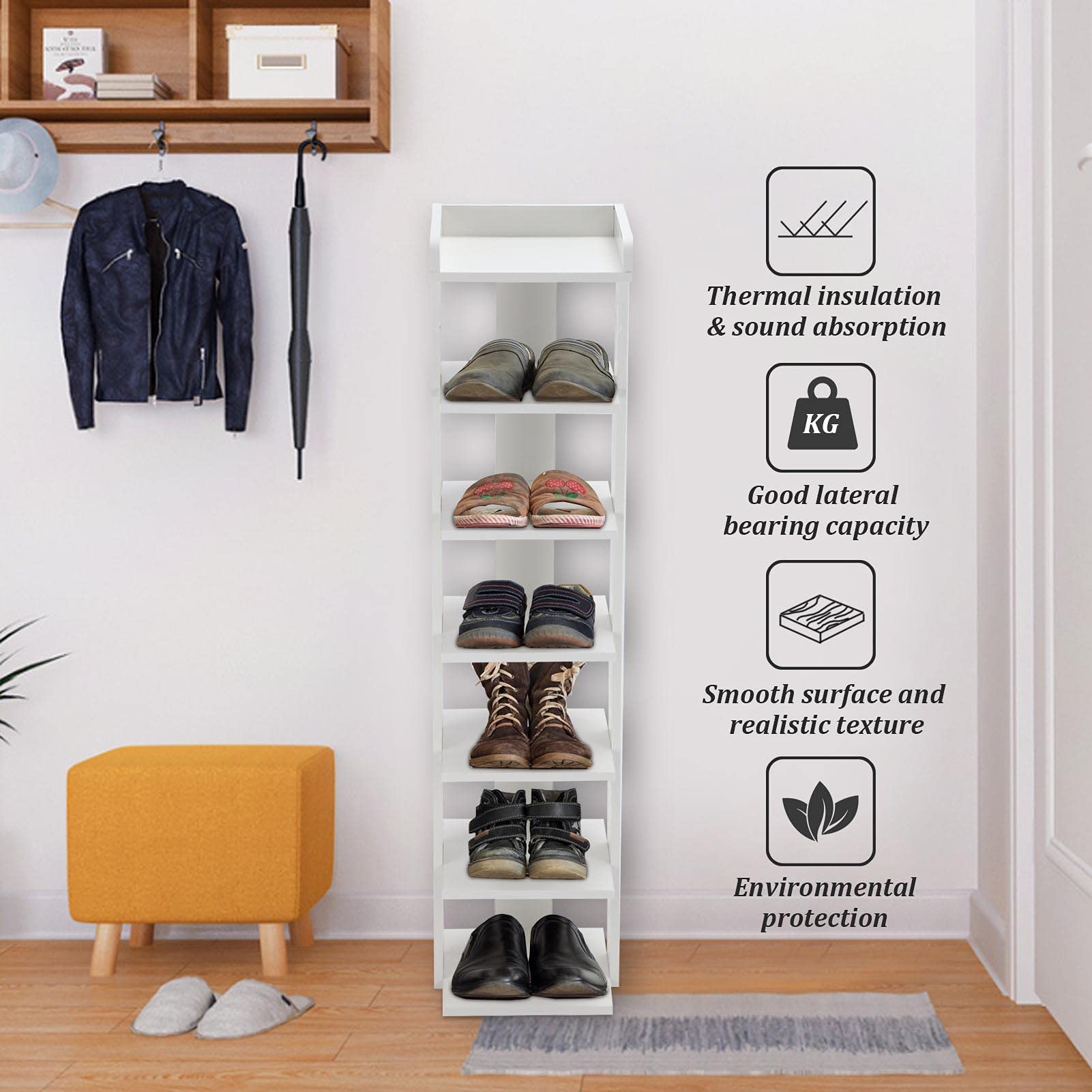 7-Tier Narrow Shoe Rack Organizer - Tall Vertical Shoe Storage Cabinet, Slim Wooden Shelf for Entryway, Hallway & Closet - Quick Assembly Free Standing Shoe Tower (White) - Perfect for Small Spaces & Apartment Living