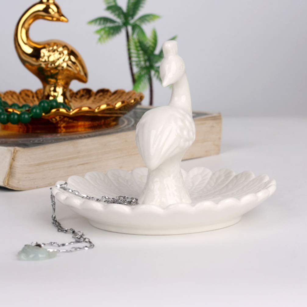 DOITOOL White Porcelain Peacock Ring Dish - Elegant Jewelry Holder & Earrings Storage Tray for Women | Perfect for Vanity, Bathroom, and Gift Giving