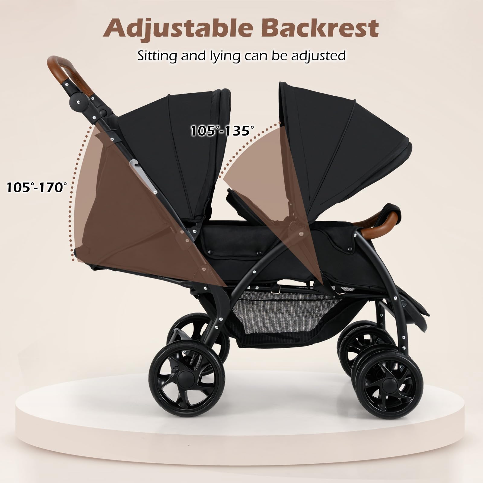 INFANS Double Stroller - Foldable Tandem Baby Stroller with Adjustable Backrest, Canopy & Footrest | 5-Point Safety Harness, Large Storage Basket | Compact Convertible Twin Stroller for Infants & Toddlers | Perfect for Shopping, Travel & Outdoor Walks