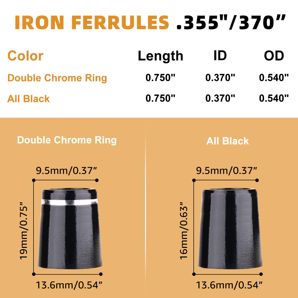 Premium Golf Iron Ferrules .370 ID - 12 Pack Black/Double Chrome Ring Re-Shafting Ferrules for Taper Tip Irons & Wedges (0.370