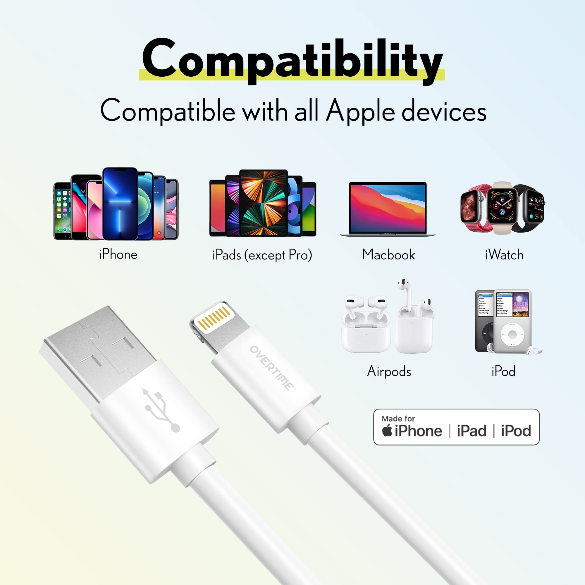 Overtime MFi Certified iPhone Lightning Cable - 6ft Fast Charging USB A to Lightning Cable for iPhone, iPad, iPod | Portable & Durable Apple Charger Cord for Home, Office, Travel & Car Use