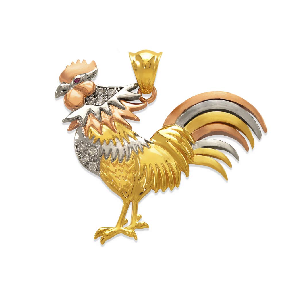 14K Tricolor Gold Rooster Pendant Necklace - High Polish Luxury Jewelry Gift for Women & Men (47mm) | Elegant Fashion Statement for Birthdays, Anniversaries & Special Occasions