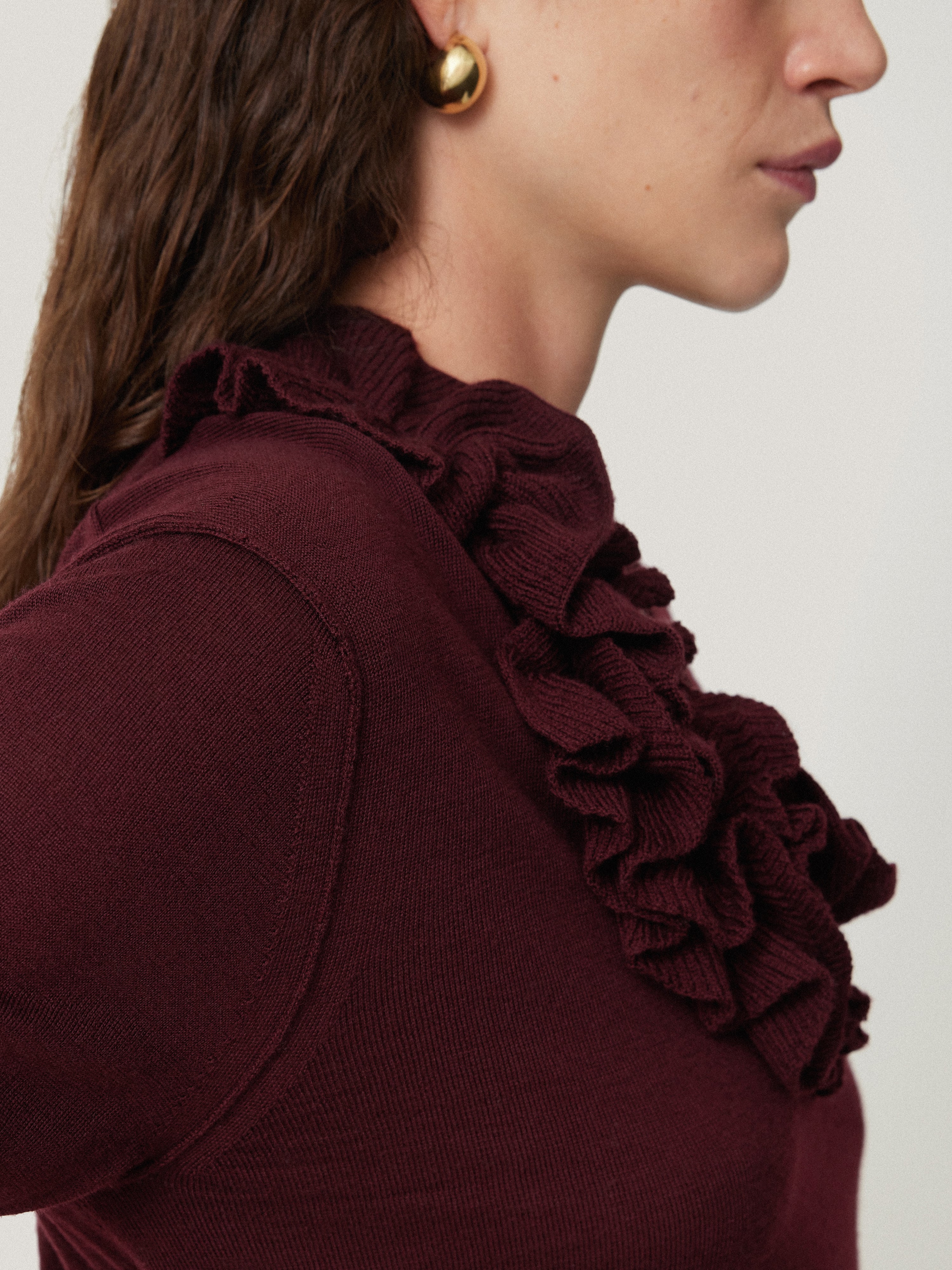 Burgundy Merino Wool Ruffle V-Neck Sweater for Women - Cozy Winter Knitwear for Office, Date Night & Casual Outings