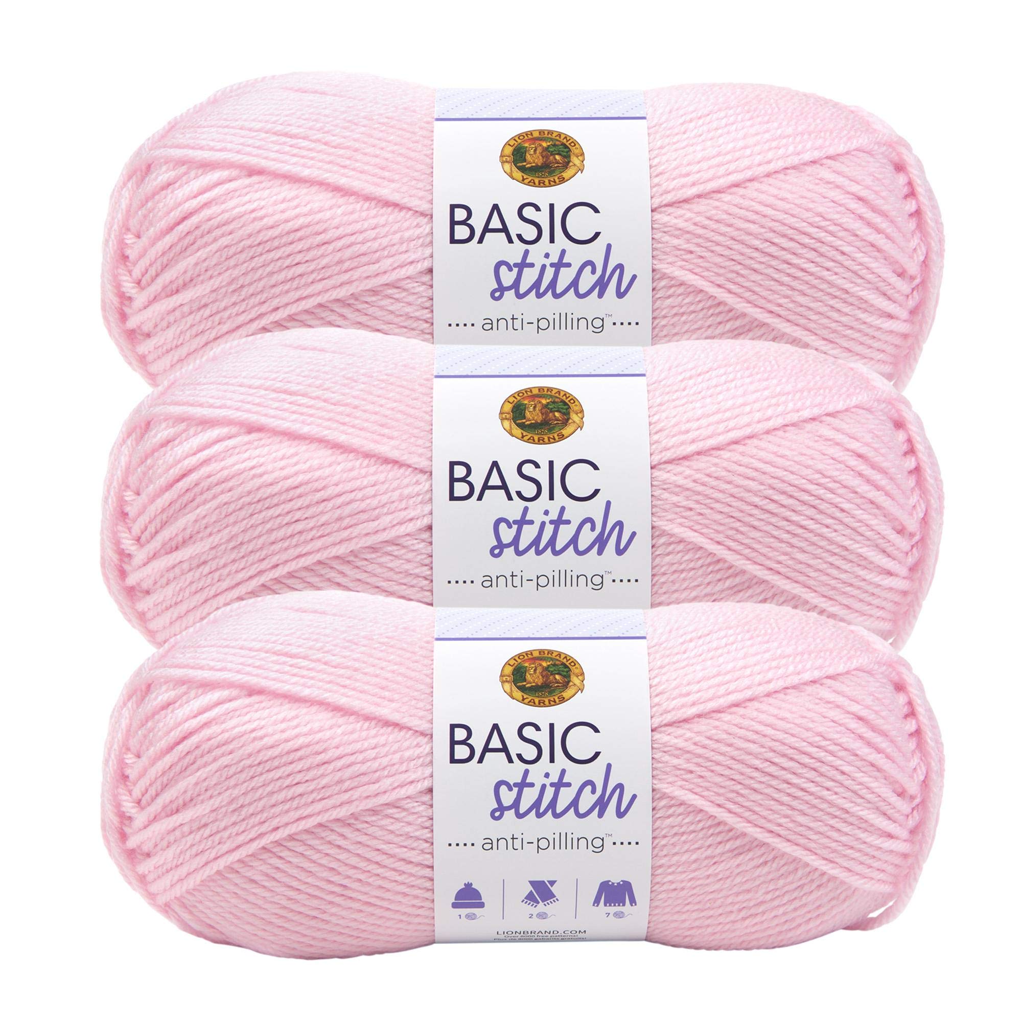 Lion Brand Yarn Basic Stitch Anti-Pilling Knitting & Crochet Yarn - 3-Pack, Soft Baby Pink - Perfect for Baby Blankets, Scarves & DIY Crafts