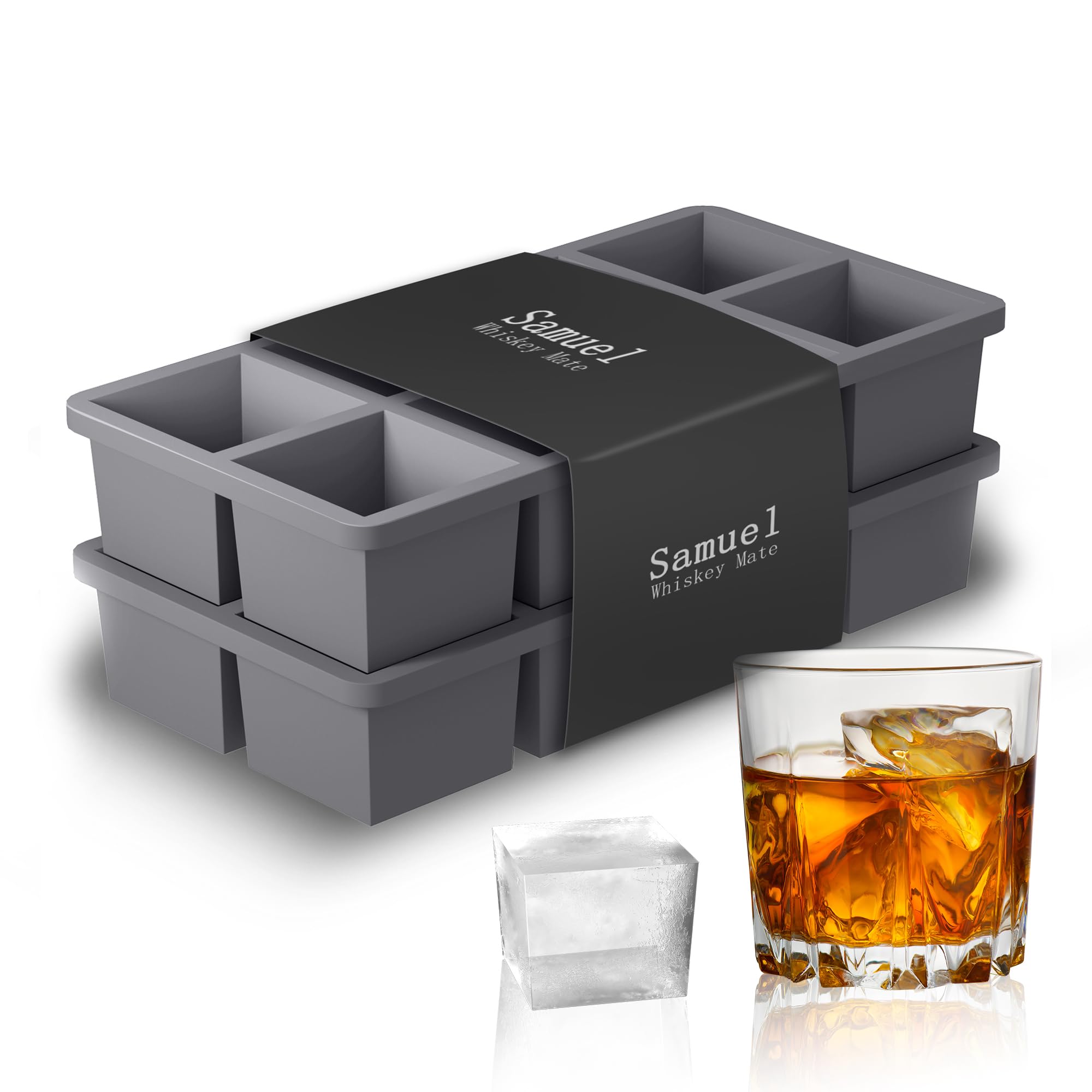 Premium 2-Pack Large Silicone Ice Cube Trays - 2 Inch Big Square Ice Molds, Food Grade & BPA Free - Slow Melting Whiskey Ice Cubes for Cocktails, Bourbon, Scotch - Perfect for Home Bars, Parties, Gifts & Holiday Entertaining (Grey)