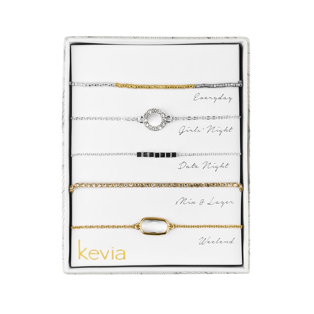 Kevia 5-Piece Stackable Bracelet Set in Silver & Gold with CZ Stones - Elegant Layered Jewelry for Women, Perfect for Parties, Weddings & Everyday Wear