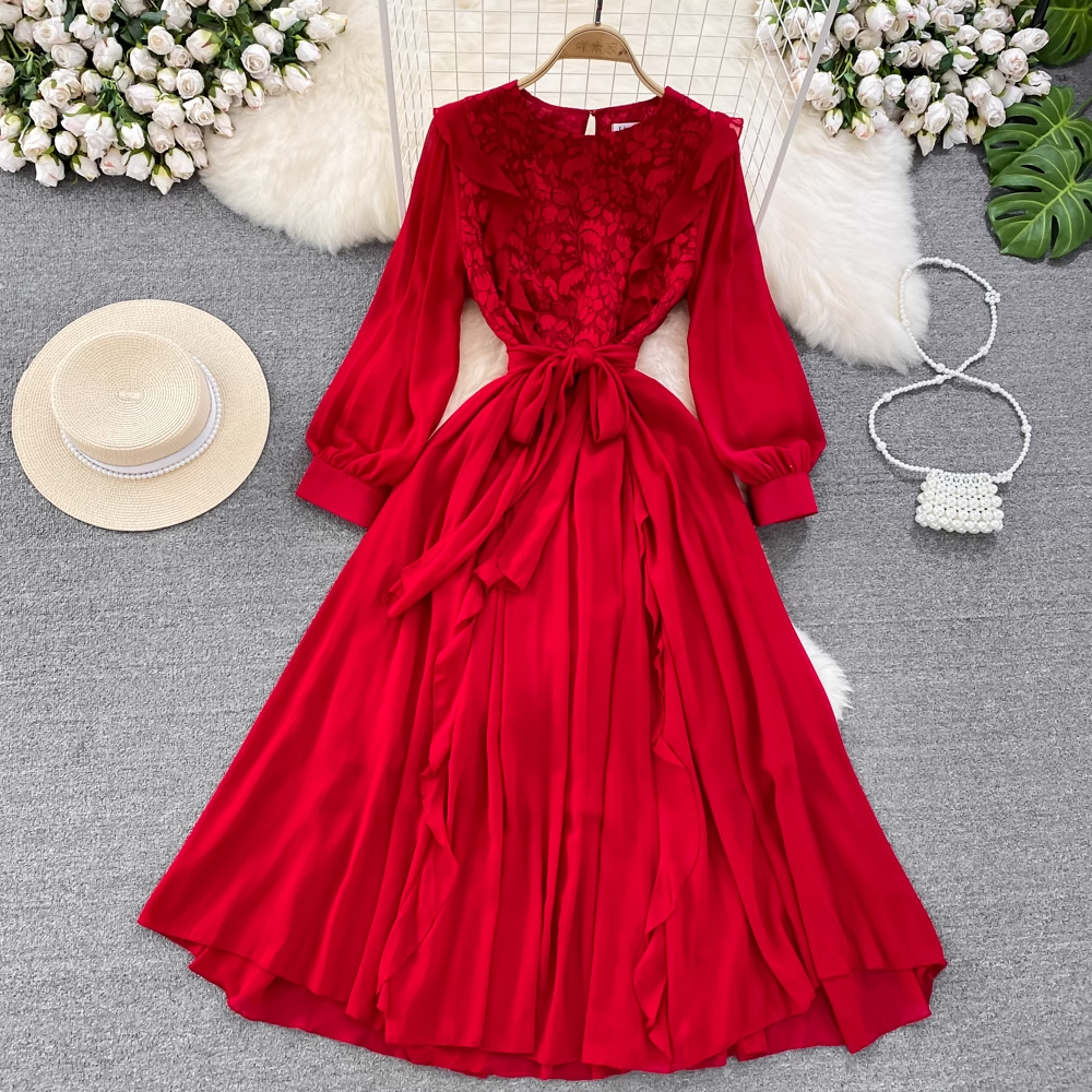Elegant Long Sleeve Round Neck Lace A-Line Ruffled Maxi Dress for Women - Perfect for Weddings, Parties & Formal Occasions