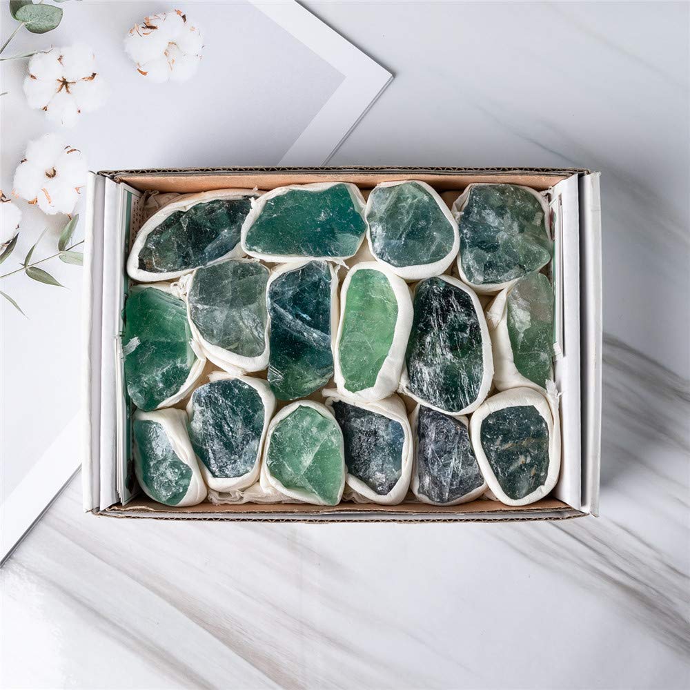 Natural Rough Green Fluorite Stones Collection - 7x5x2 Inch Flat Display Box for Chakra Healing, Meditation & Energy Work - Perfect for Reiki, Crystal Grids & Spiritual Decor