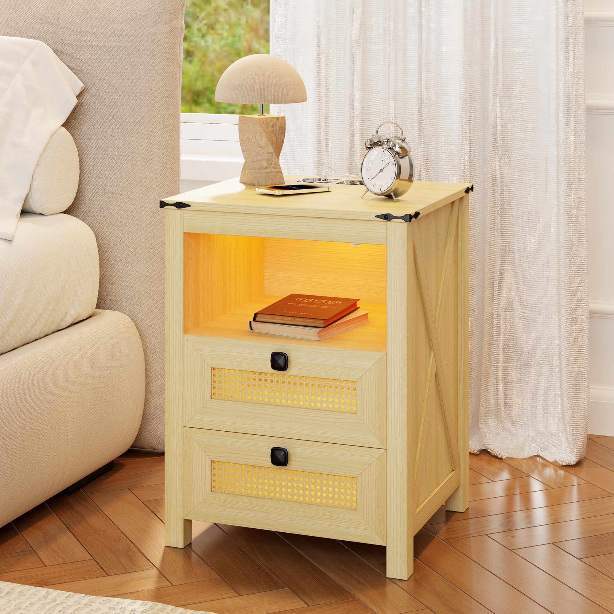 Farmhouse Nightstand with Charging Station & 3-Color LED Light - Wooden Bedside Table with 2 Drawers, USB Ports & Motion Sensor - Rustic Bedroom End Table for Phone Charging, Reading Light & Home Decor