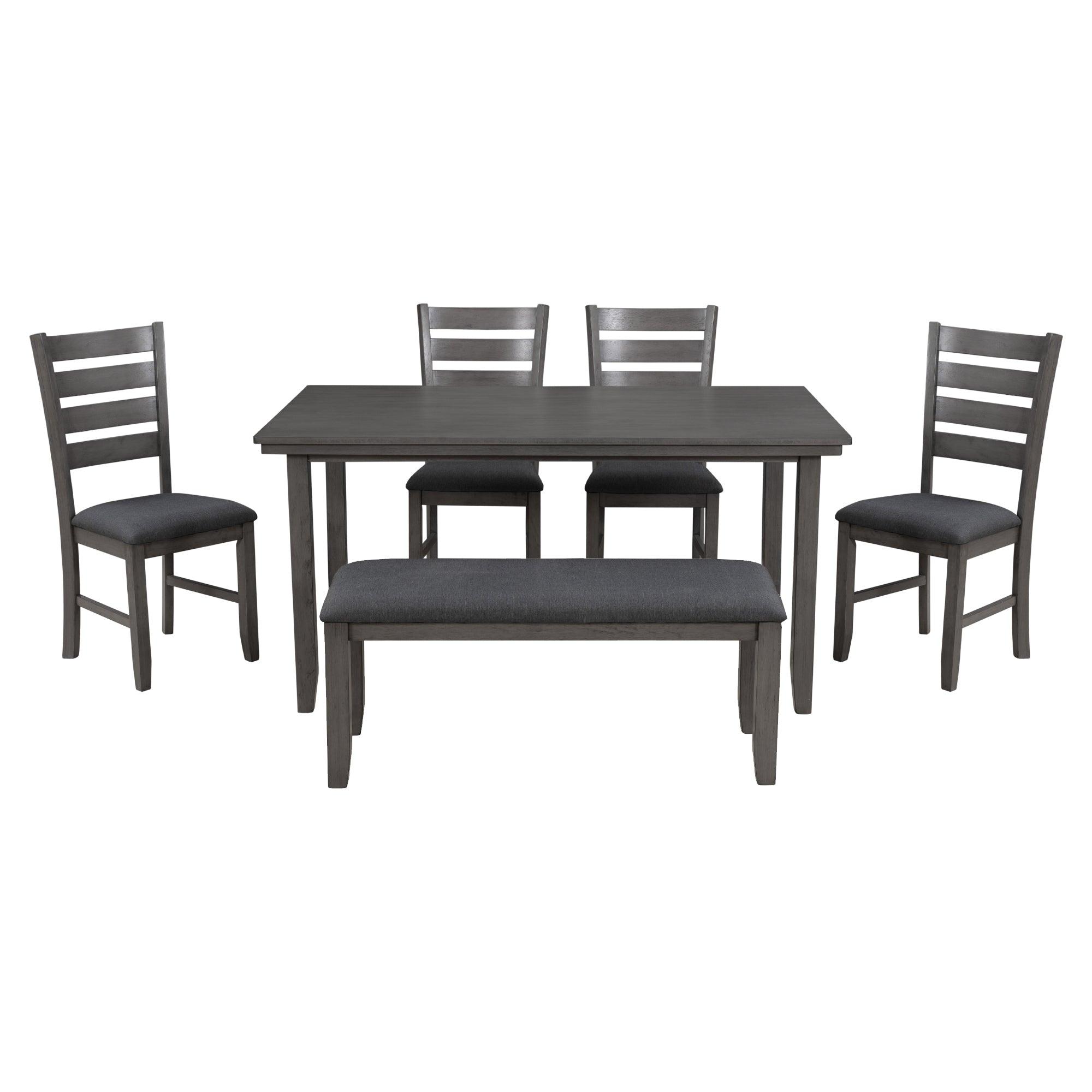 Rustic Wood Dining Room Table and Chairs Set with Bench - 6 Piece Gray Farmhouse Kitchen Furniture for Family Gatherings & Dinner Parties