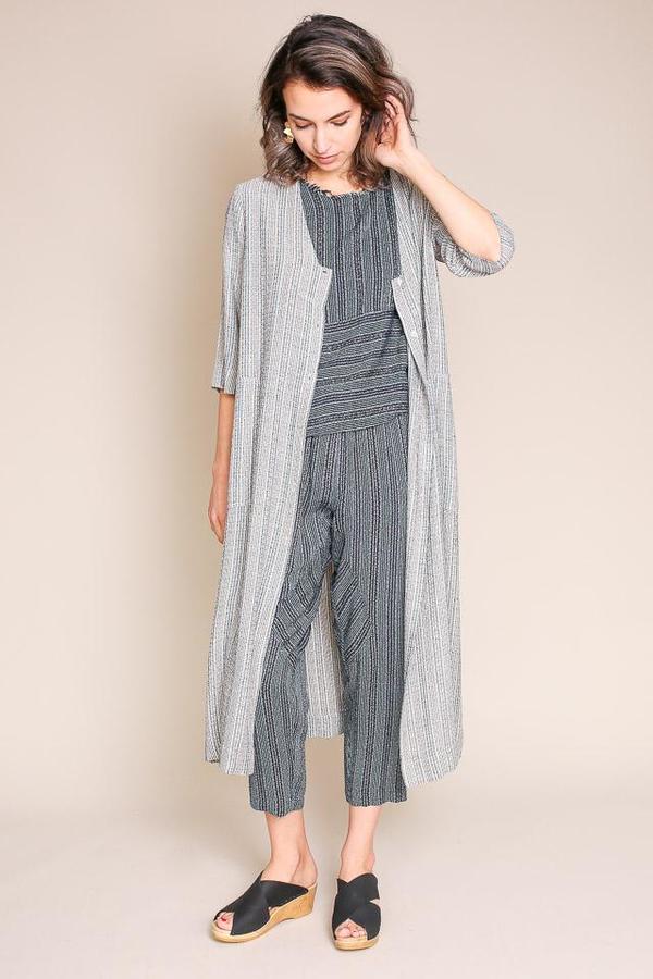 Raquel Allegra Grey Stripe Duster Dress for Women - Size XS | Boho Chic Oversized Long Dress for Casual Wear, Beach Cover Up & Summer Outfits