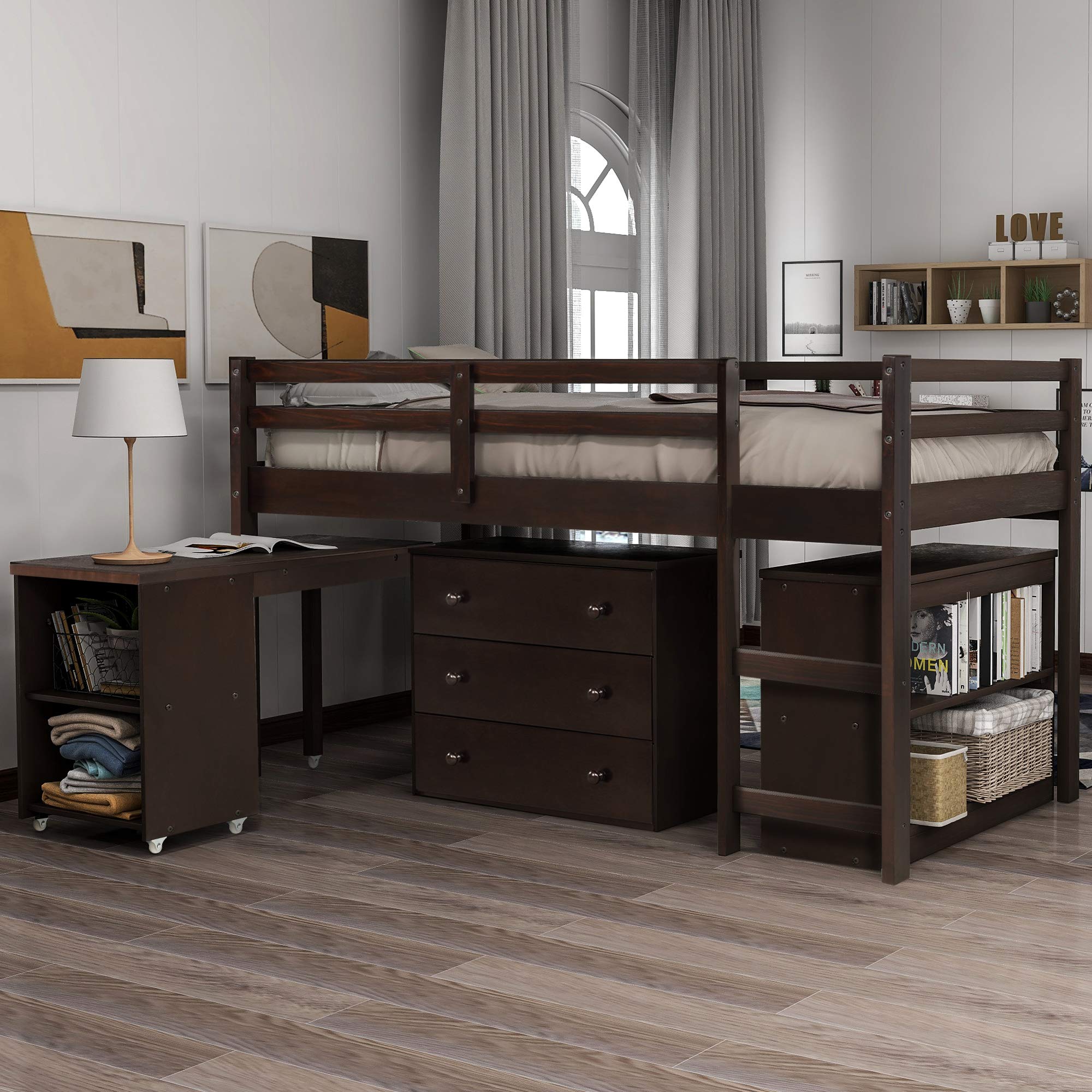 Harper&Bright Designs Low Study Twin Loft Bed with Desk and Cabinet (Espresso) - Space-Saving Kids Bedroom Furniture for Small Rooms, Study & Sleep Solution for Teens & College Students
