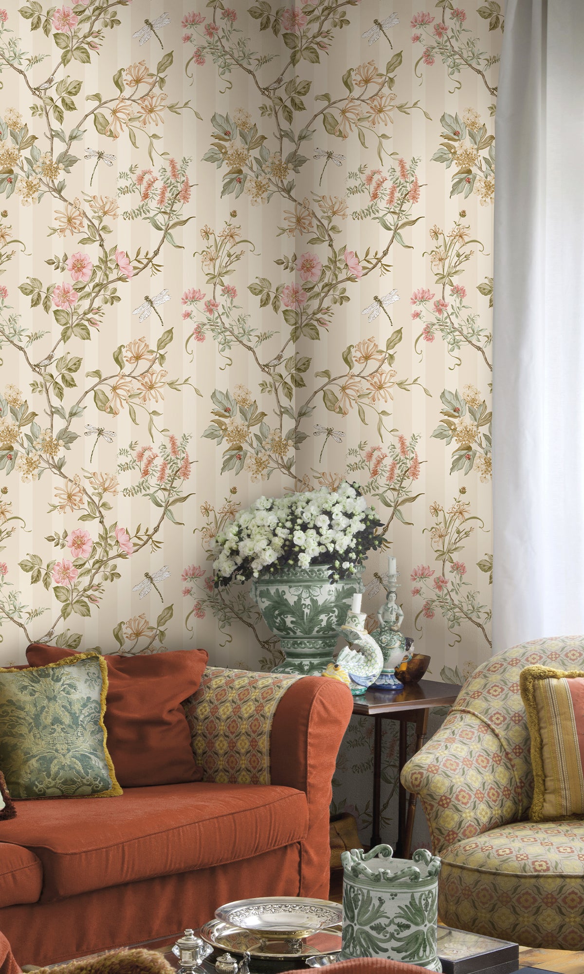 Cream Coral Spring Meadow Floral Trail Wallpaper R9650 - Peel and Stick Removable Wallpaper for Bedroom, Living Room, Nursery Decor - Easy DIY Home Renovation