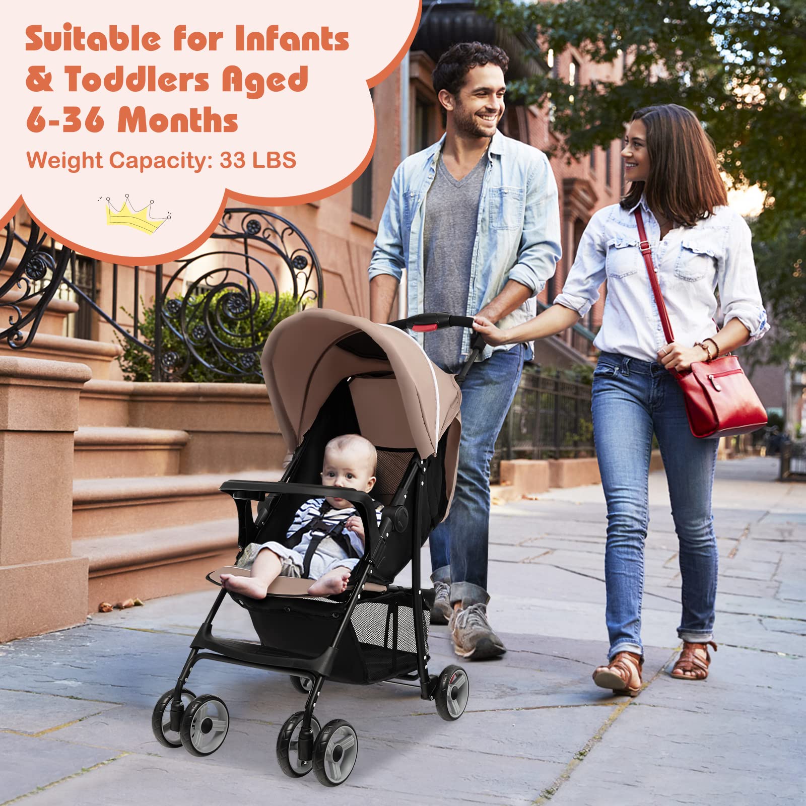 HONEY JOY Lightweight Compact Travel Stroller for Toddlers & Infants - Adjustable Canopy, Reclining Backrest, Storage Basket - Airplane Approved Foldable Umbrella Stroller (Coffee) - Perfect for Air Travel, Shopping, and Daily Walks