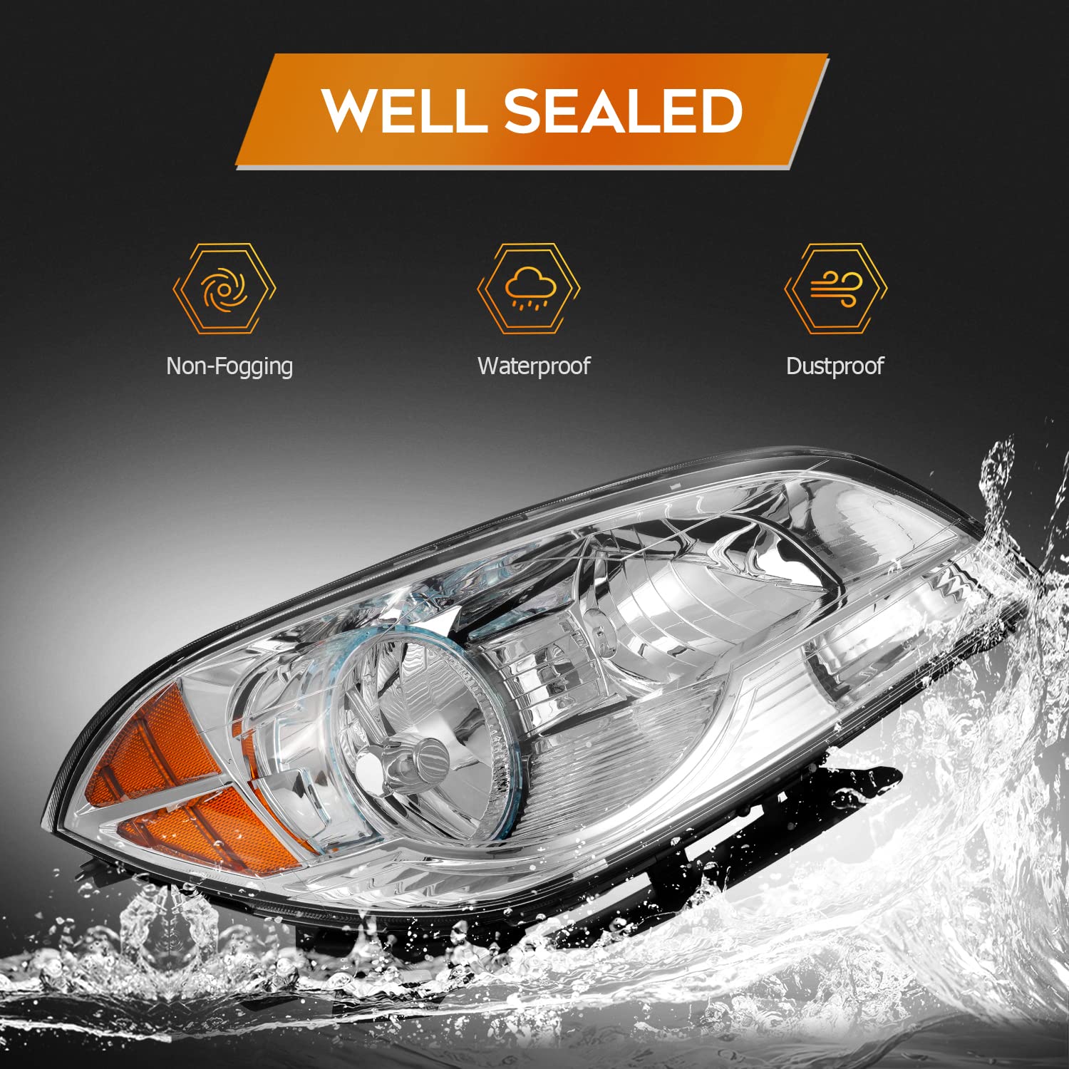 Chevrolet Malibu Headlight Assembly 2008-2012 - Chrome Housing, Amber Reflector, Clear Lens - Driver & Passenger Side Replacement Headlamps - Perfect for Night Driving & Vehicle Restoration Projects