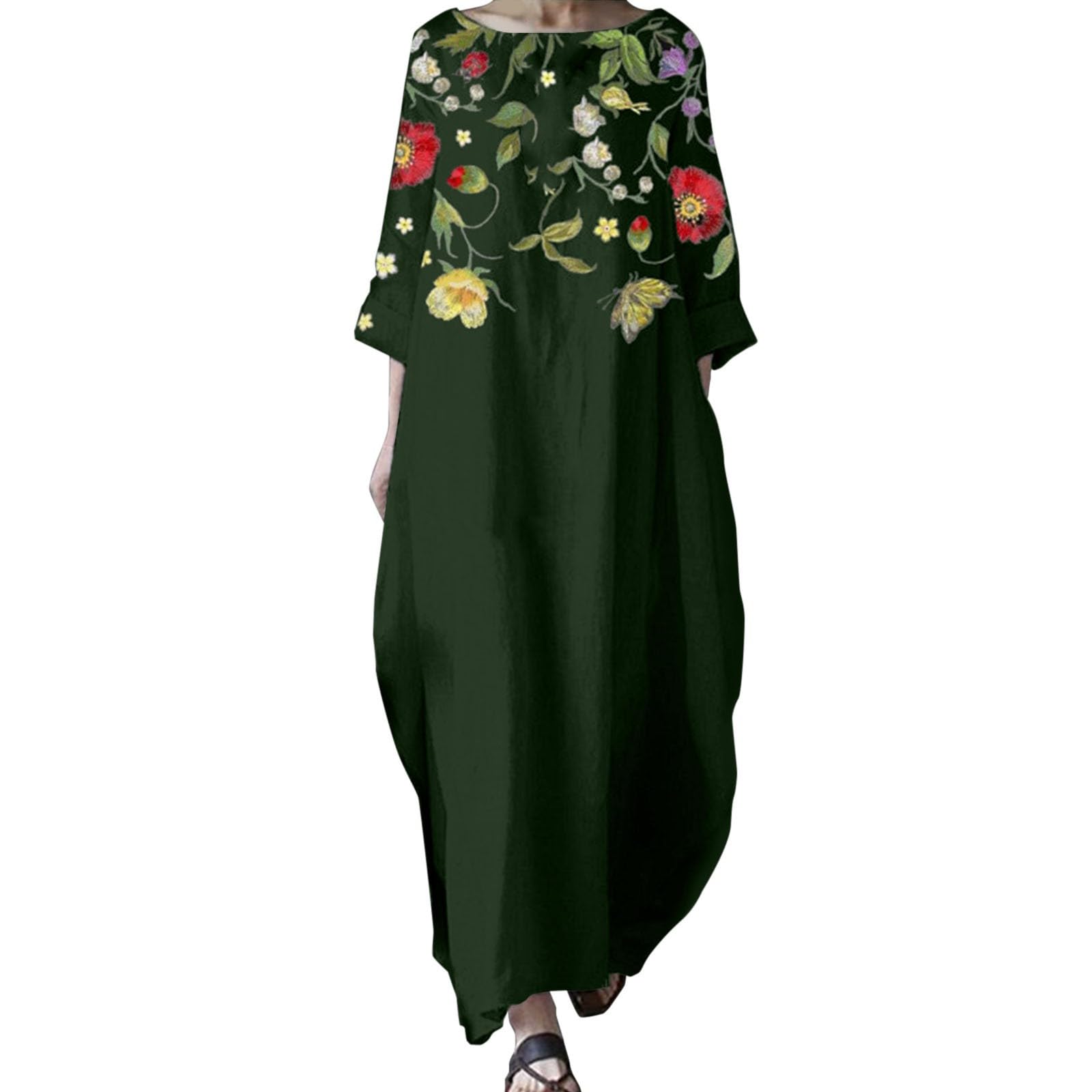 2023 Women's Vintage Floral Print Oversized Maxi Dress - 3/4 Sleeve Loose Fit Casual Summer Dress in Green | Perfect for Beach Vacations, Boho Outfits & Everyday Wear