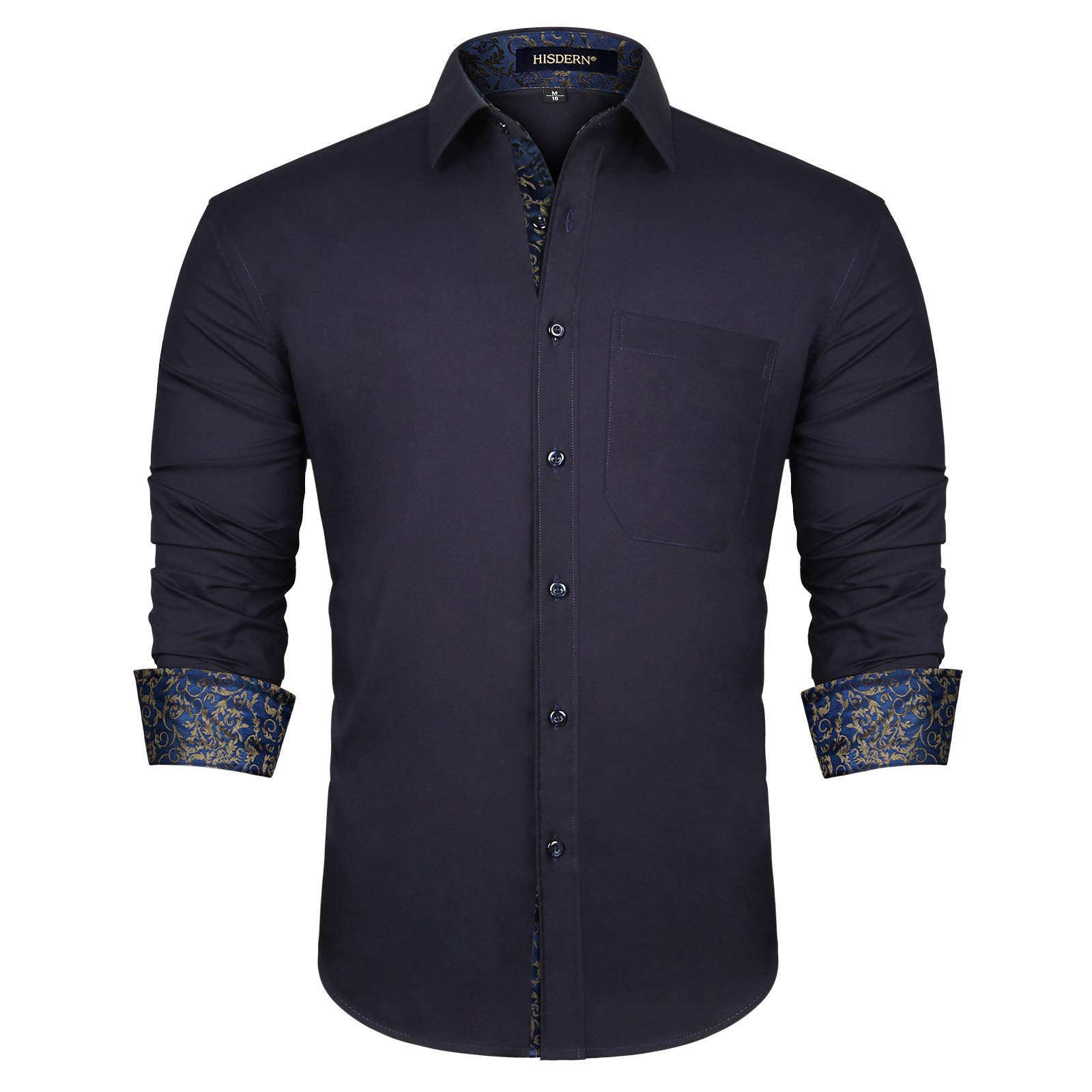 HISDERN Men's Contrast Inner Casual & Formal Button Down Dress Shirt - Long Sleeve Printed Regular Fit Shirt for Office, Business, Party & Everyday Wear